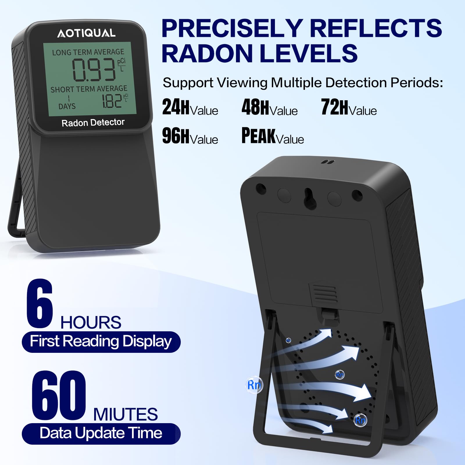 Détecteur de radon numérique avec écran LCD - Double batterie USB - Options d'alimentation : 3 ans - Durée de vie du capteur : 10 ans - Détection précise de la concentration pCiL pour la maison et le