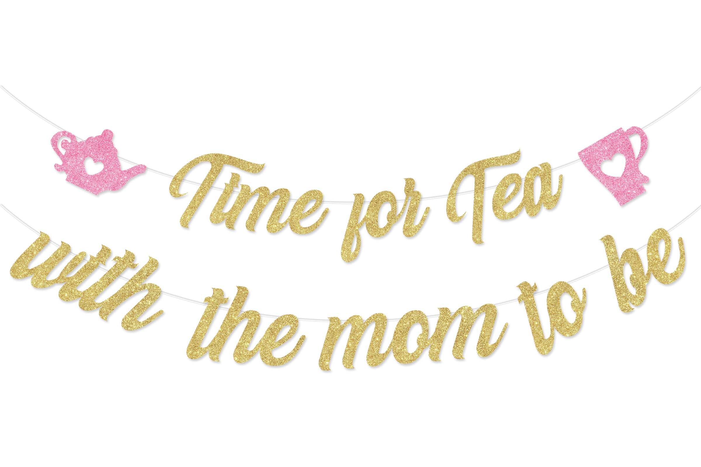 Cheereveal Pink Gold Glitter Tea with Mom to Be Banner