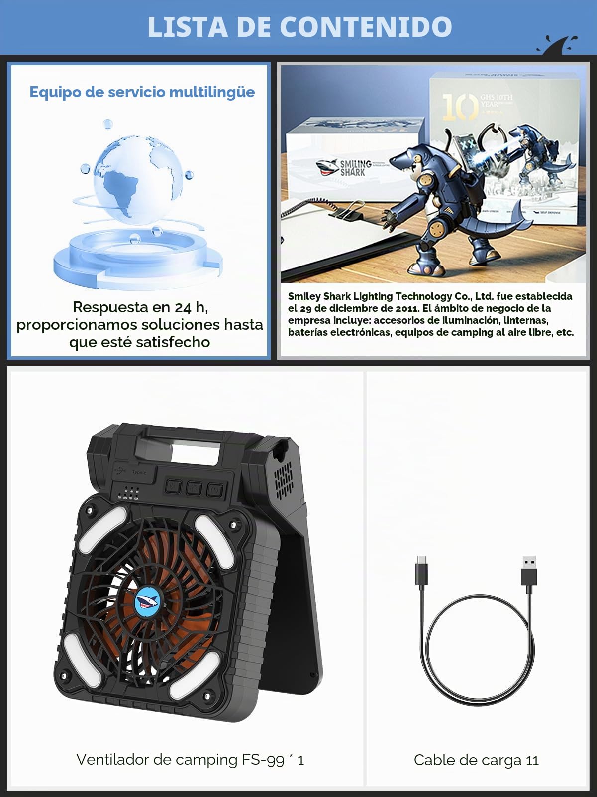 Smiling Shark Ventilador de Camping con LED, 6000mAh Batería Recargable 90° Plegable Solar Ventilador de acampar con luz 4 Velocidades & Power Bank Portátil Camping Fan with Light para Pescar Viajar