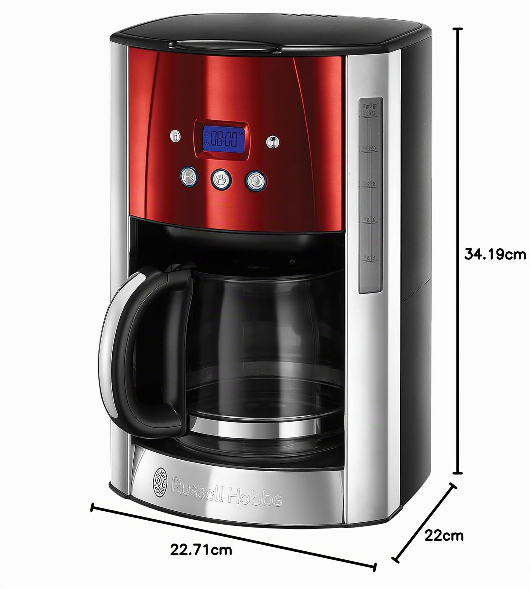 Russell Hobbs Kaffeemaschine [Digitaler Timer, Brausekopf für optimale Extraktion&Aroma] Luna Rot (1 bis 12 Tassen, 1,5l Glaskanne, Warmhalteplatte, 1000W) Filterkaffeemaschine 23240-56