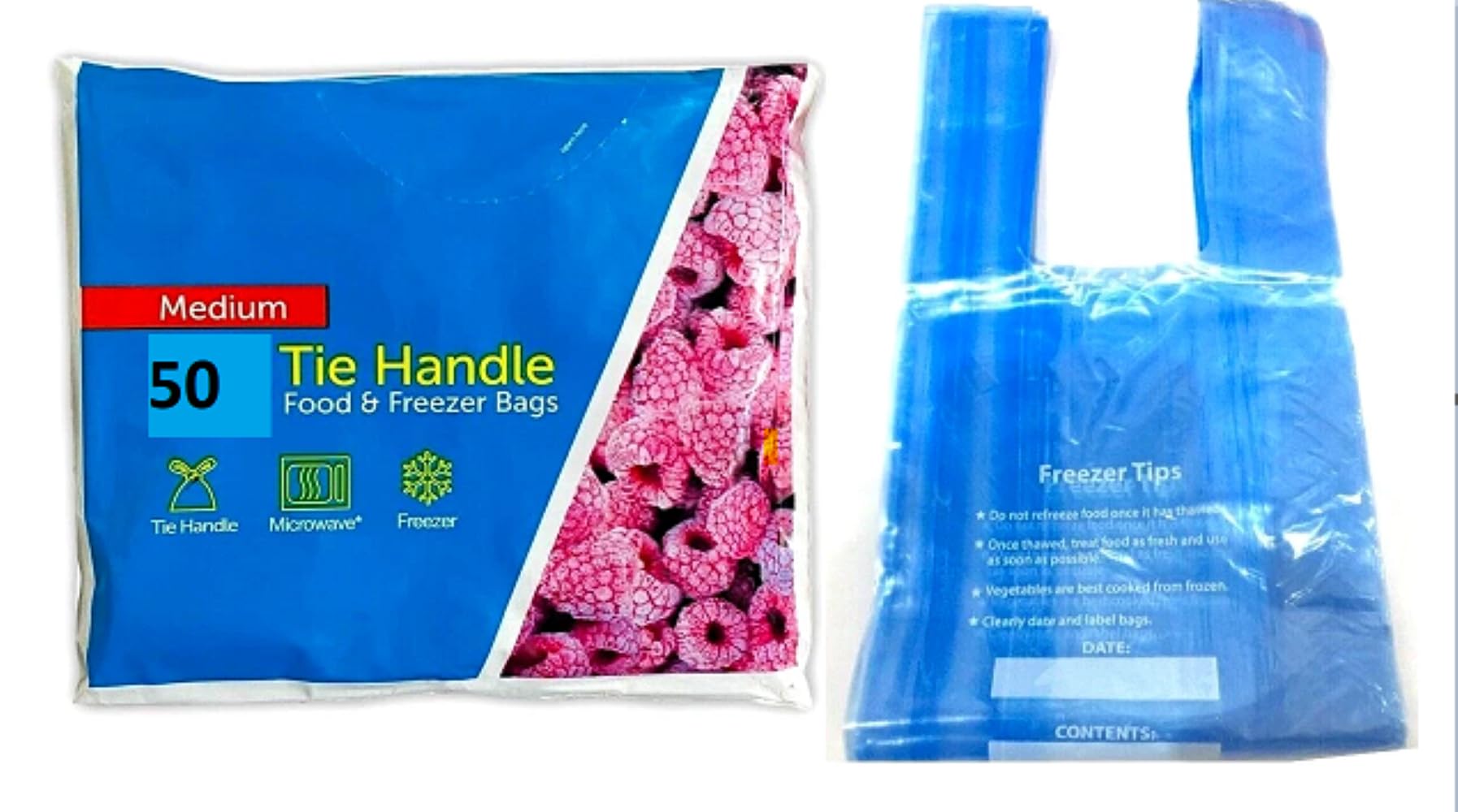 Food Freezer Bags with Tie Handles and Writable Panel | Extra Strong, Microwave Safe, Food Storage, Sandwich Bags, For Freezing (BLUE, M, 100)