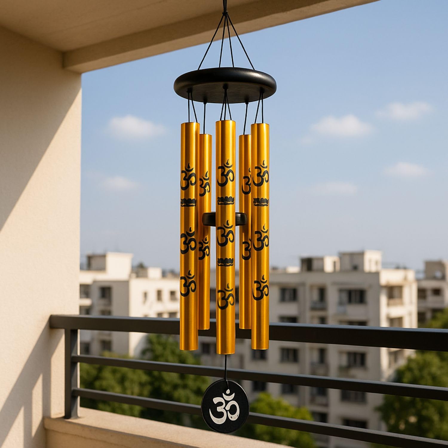 sculpmart 27inch Big Wind Chime for Home & Balcony Hanging - 5 Pipe OM Design Wind Chime for Positive Energy & Melody Sound (Golden)