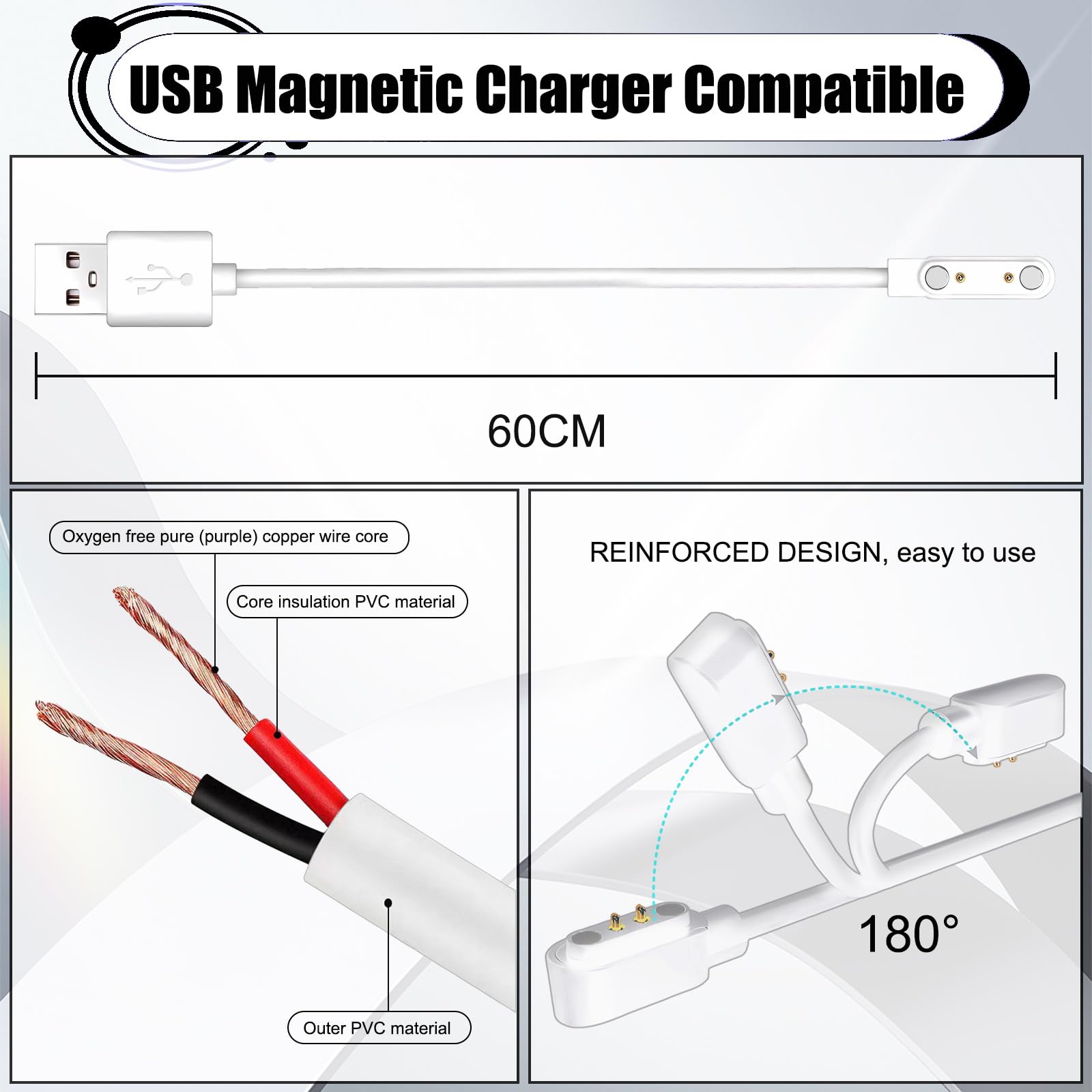 MANSVS Smart Watch Magnetic Charger Compatible with Cosmo Jrtrack 4/3/2/SE Watch Charger Portable Magnetic Replacement USB Charging Cable (White 2PCS)