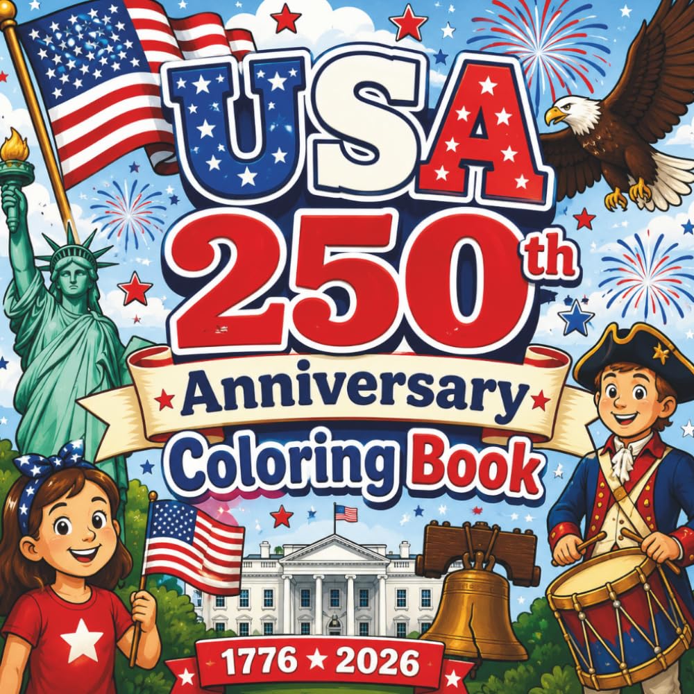 USA 250th Anniversary Coloring Book: 40 Easy Patriotic Designs Celebrating 250 Years of American History