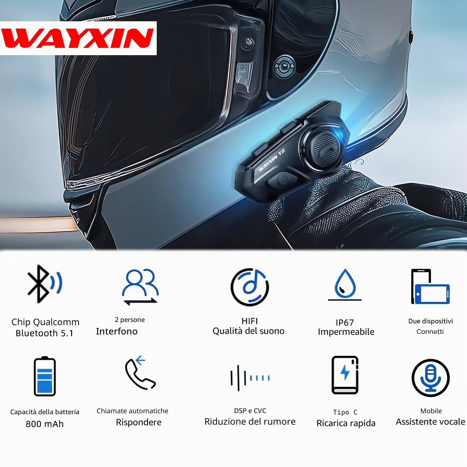 T2 Interfono Moto Auricolare 300M Sistema di Comunicazione con Wireless Bluetooth 5.1 IPX7 Impermeabile Cancellazione del Rumore DSP&CVC HiFi/Voce AI Interphone Casco Moto Auricolare