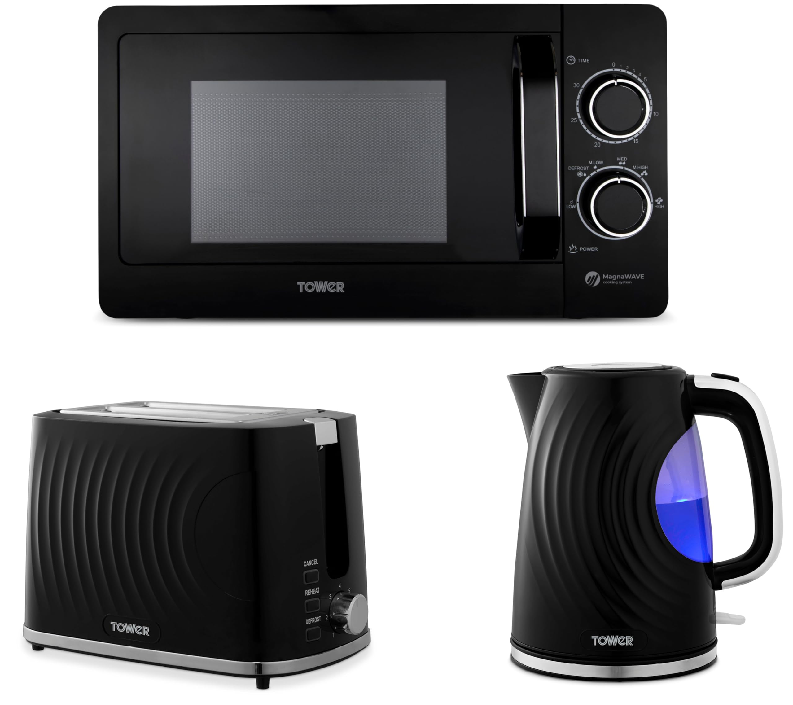 Tower Sonar 1.7L 3KW Kettle, 2 Slice Toaster & T240242BLK 800W 20L Microwave in Black. Stylish Kettle, Toaster Set & Microwave Set