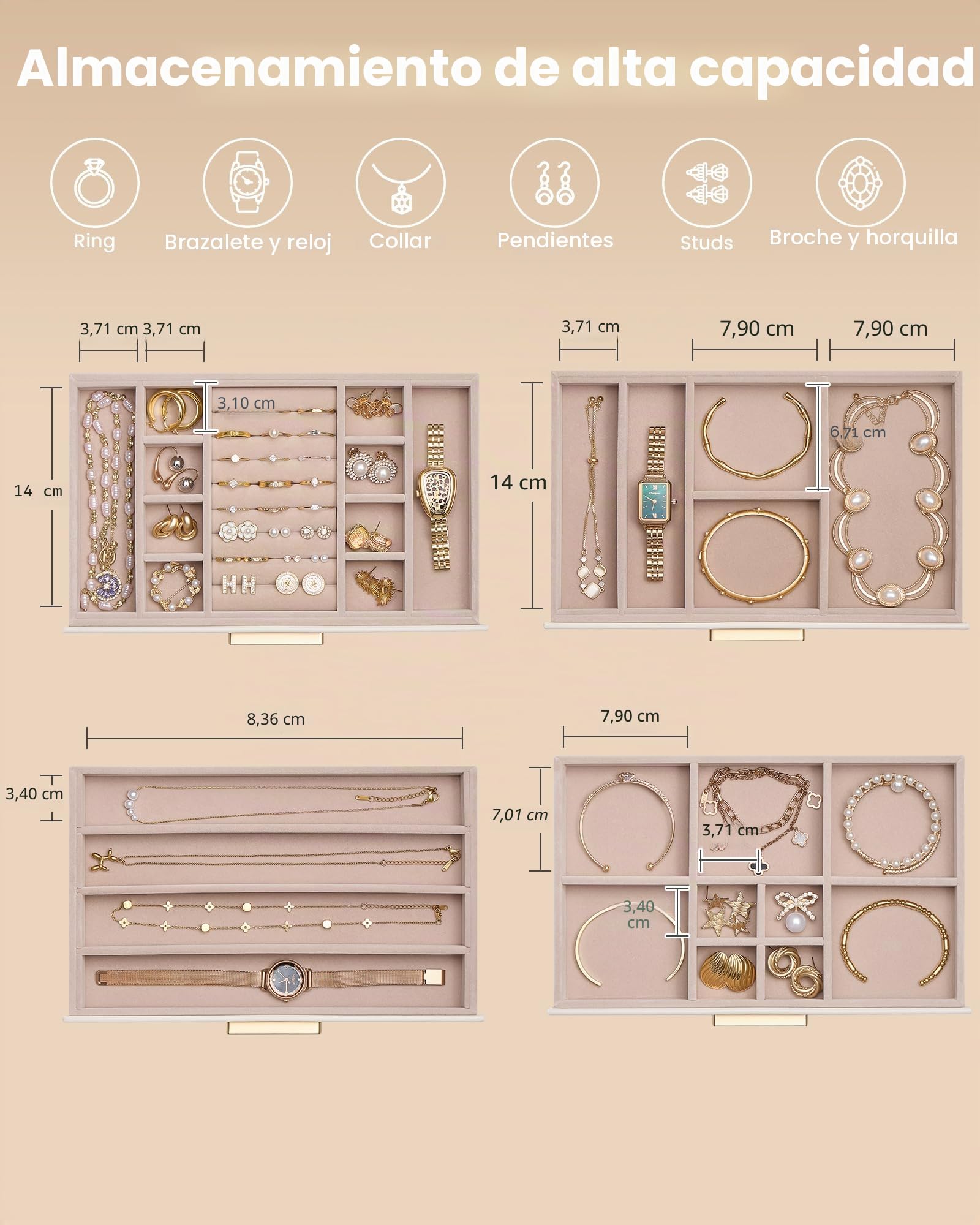 Caja Organizadora de Joyas 4 Niveles con Tapa de Vidrio, Joyero para Anillos Pendientes Pulseras Collares, Estuche Almacenamiento Mujer, Beige