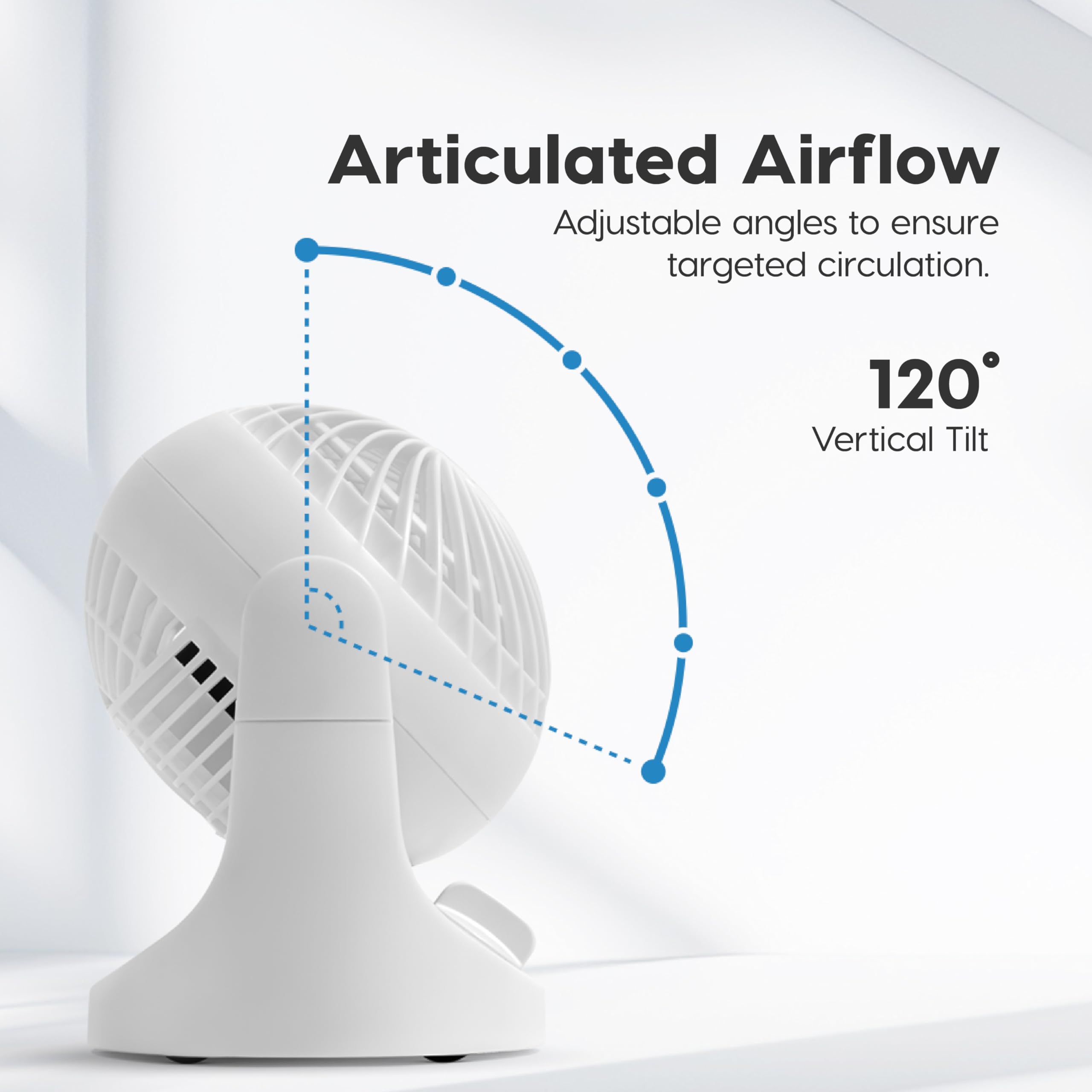Iris Ohyama Woozoo Ventilatore da tavolo, 7,4 m³/min, inclinazione verticale 110°, bianco, 3 velocità, silenzioso, ideale per camera da letto, cucina, raffreddamento ad aria, potente, made in Francia