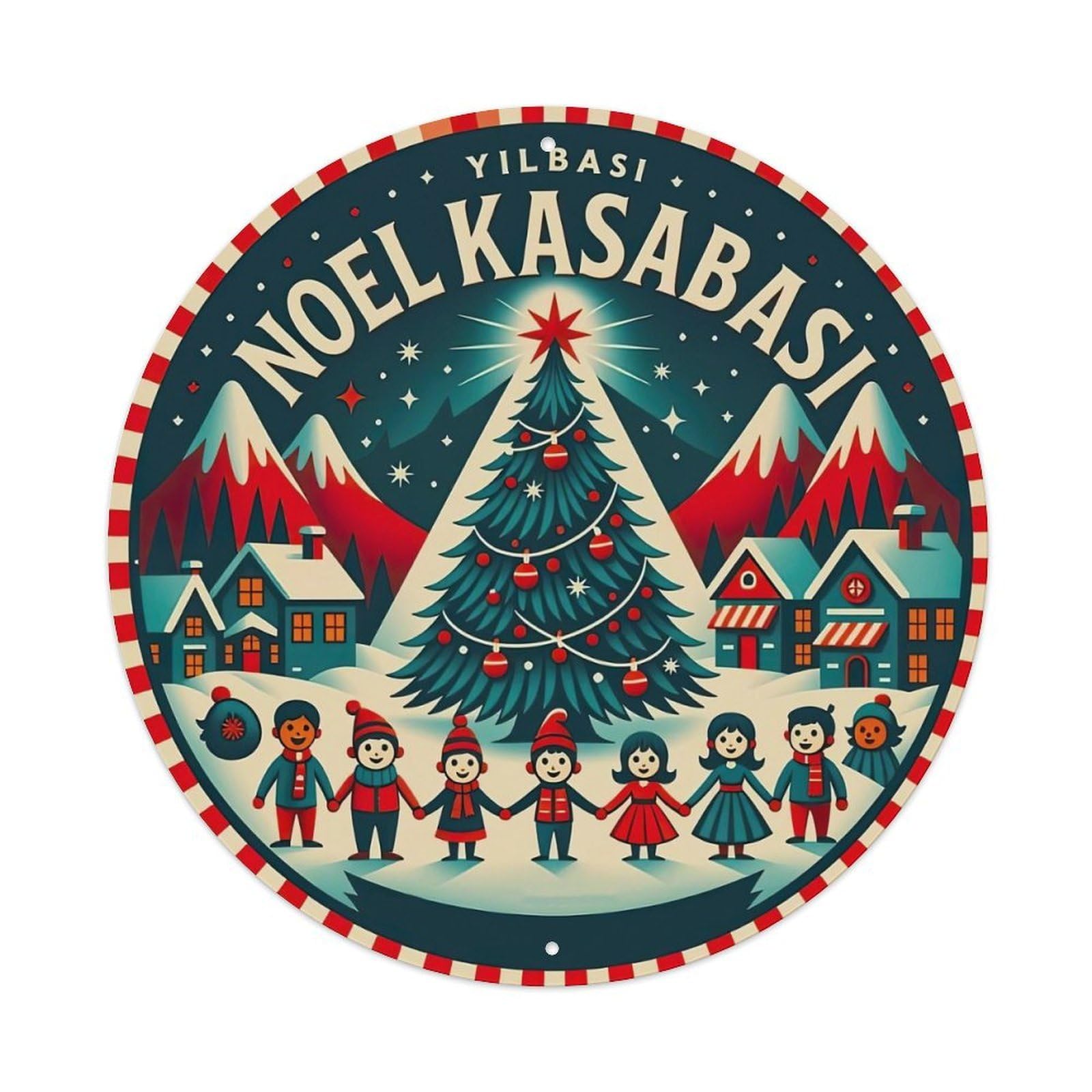 Christmas Tree Village Children Snowy Mountains Metal Tin Sign