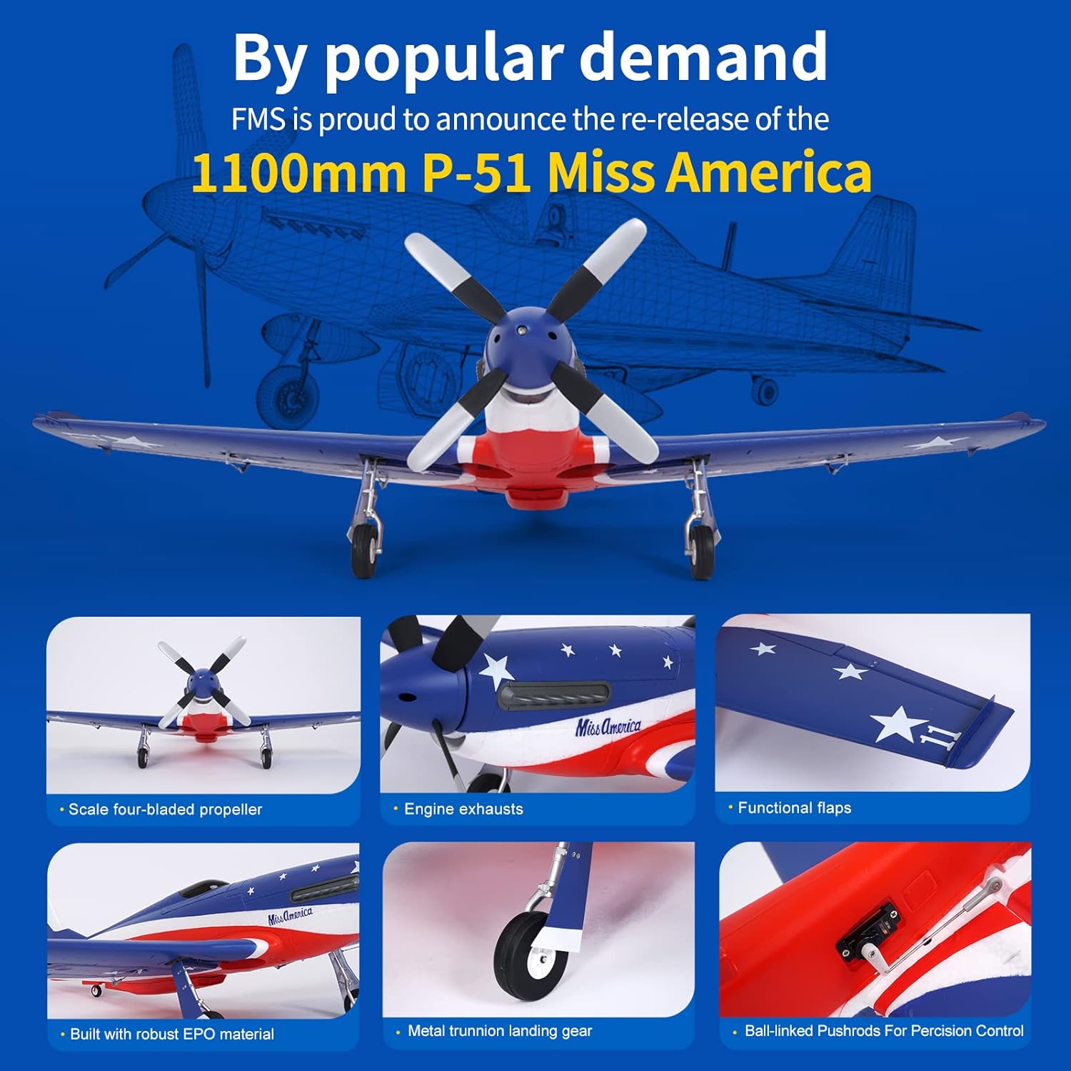 Fms Rc Plane for Adults Remote Control Airplane 1100mm P-51 MA Mustang Without Reflex V2 Hobby Rc Airplanes 6 Channel PNP (No Radio, Battery, Charger)