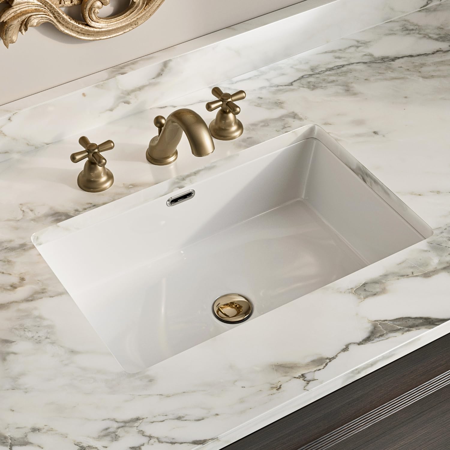 24 Inch Rectangular Undermount Bathroom Sink, Los Flexi 24" x 16" White Ceramic Vanity Sink with Overflow, Modern Undercounter Vessel Sink for Bathrooms