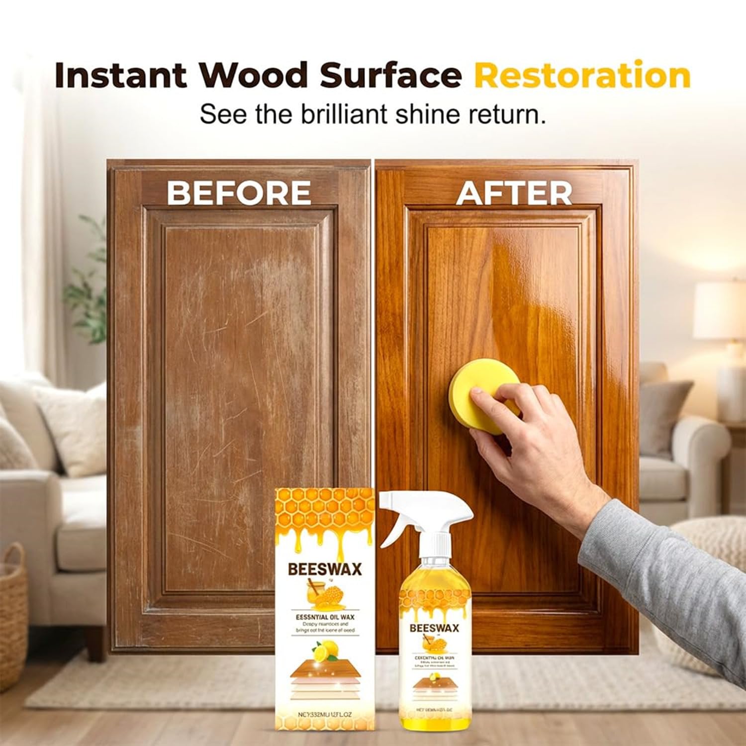 Beeswax Wood Polish Spray, 2026 New Natural Beeswax Furniture Polish and Cleaner Micro Molecularized Essential Oil Spray Furniture Restorer for Floors Cabinets Tables, 355ml (2pcs)