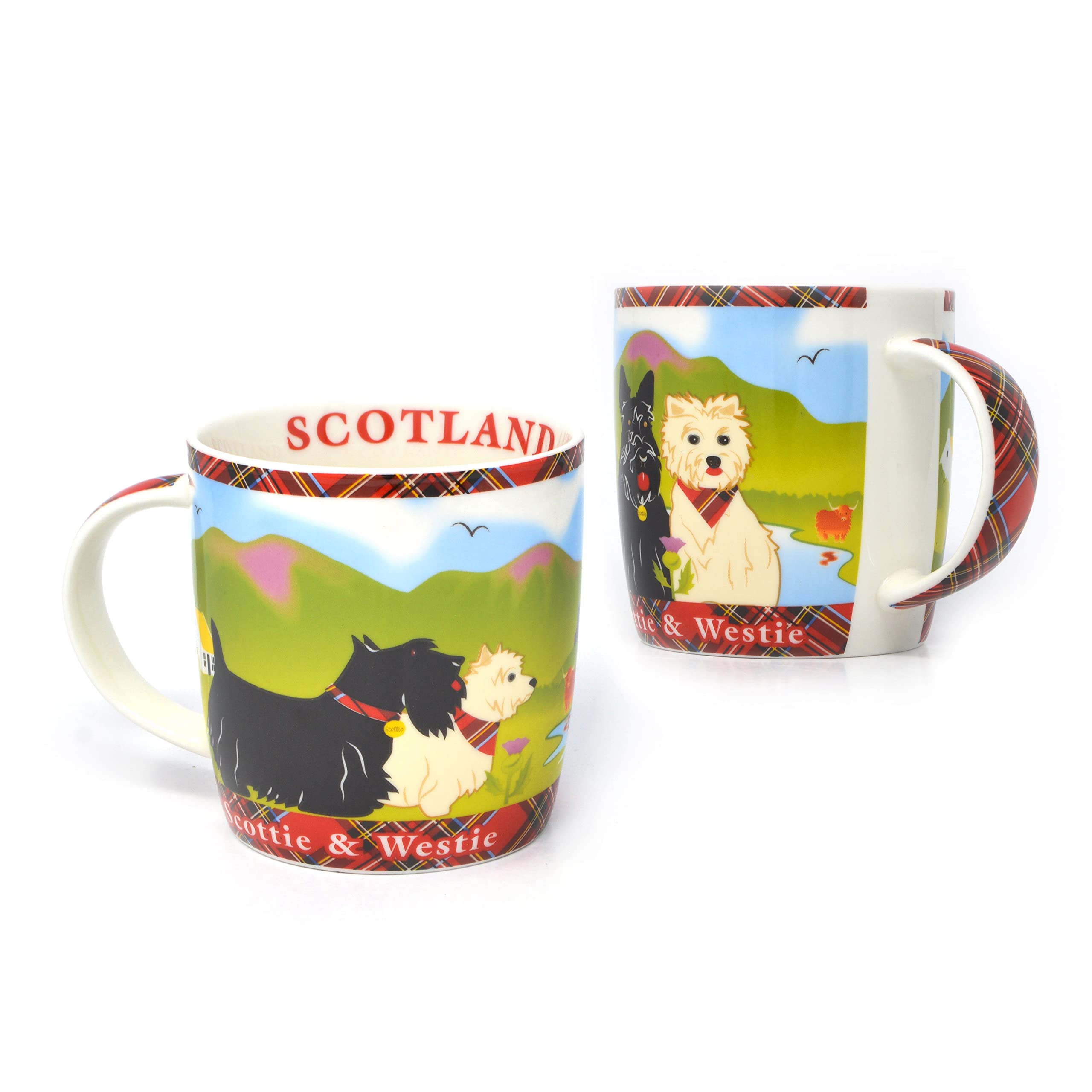 Royal Tara Set of 2 Scotland Terrier Coffee Mug/West Highland Thistle Scottish Scots Porcelain Cup with Scottie & Westie and Red Plaid Design, Made of New Bone China, 370 ml/12.5 fl oz