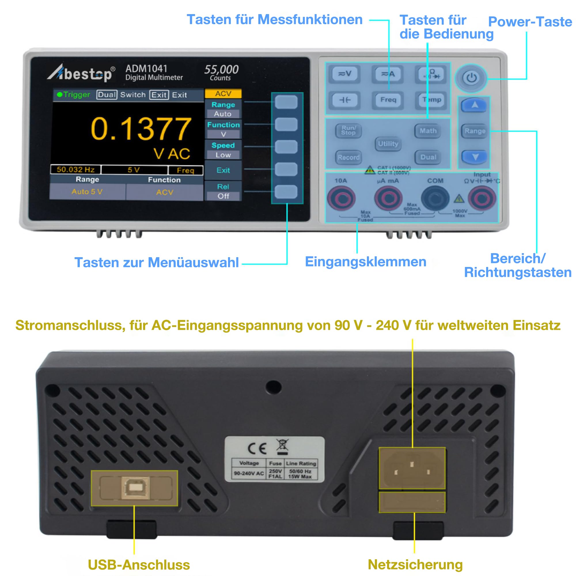 Tisch-Digitalmultimeter, True RMS, 55.000 Counts, Dual-Display | Datenlogging für Elektronikmessung und Reparatur