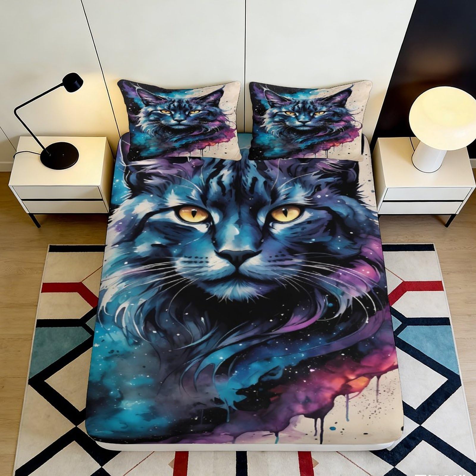 Jqzkxnhpbr Style-2 3D Printed Blue Cat Fitted Sheet Microfiber Soft Non-Slip Purple Artistic Mattress Cover For Bedroom Dorm Decor 90X200x25cm