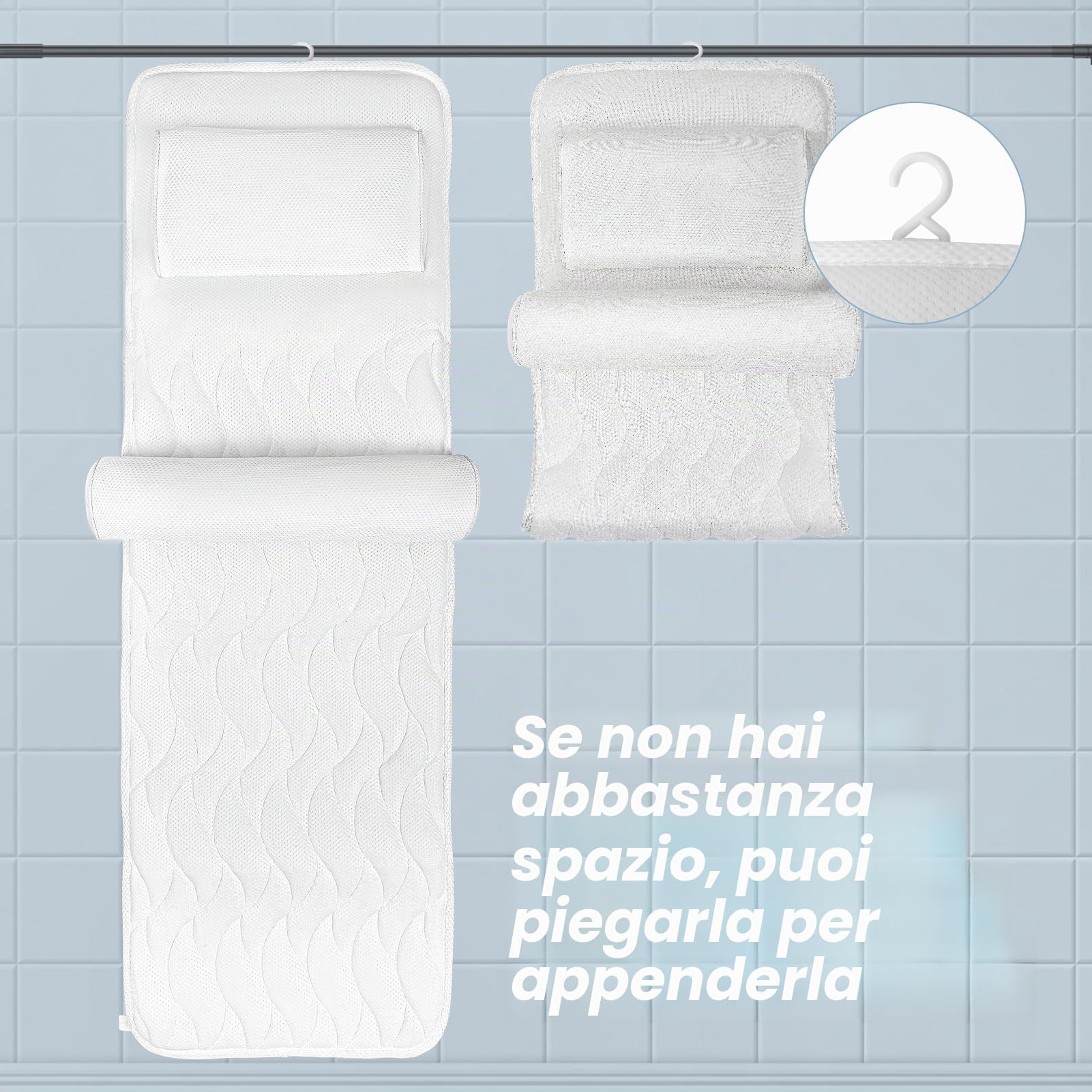 Cuscino Vasca da Bagno per Tutto il Corpo 123×40cm, Cuscino da Bagno con Ventose e Poggiatesta per Persone alte 160-180cm, Supporta Collo, Schiena e Gambe, Tessuto Traspirante in Rete 3D