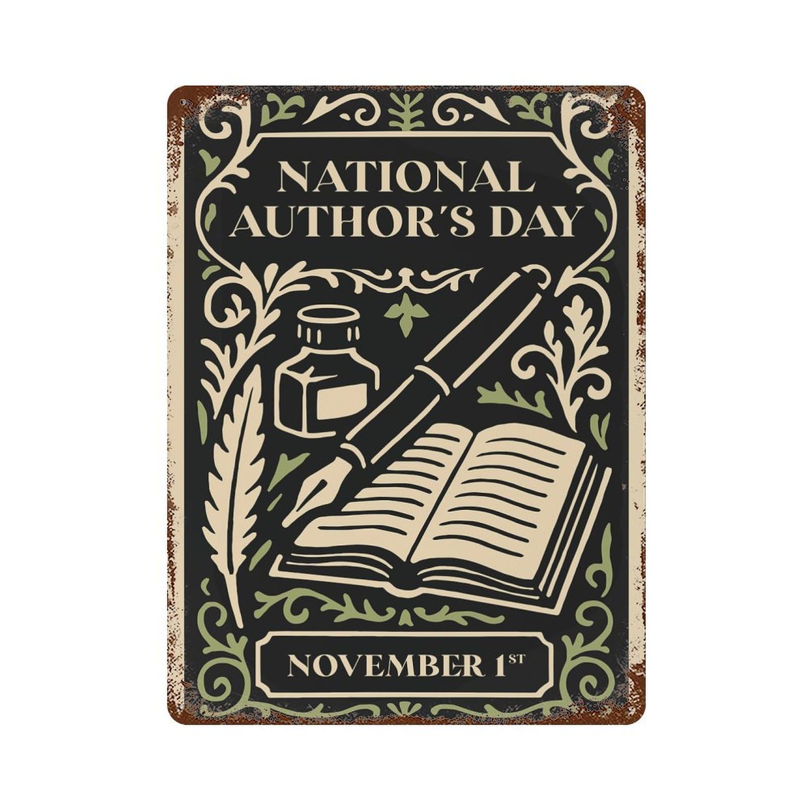 National Authors Day Illustration Rustic Tin Plaque 15.7"x11.8", Novelty Wall Decor for Garage, Pub Or Kitchen