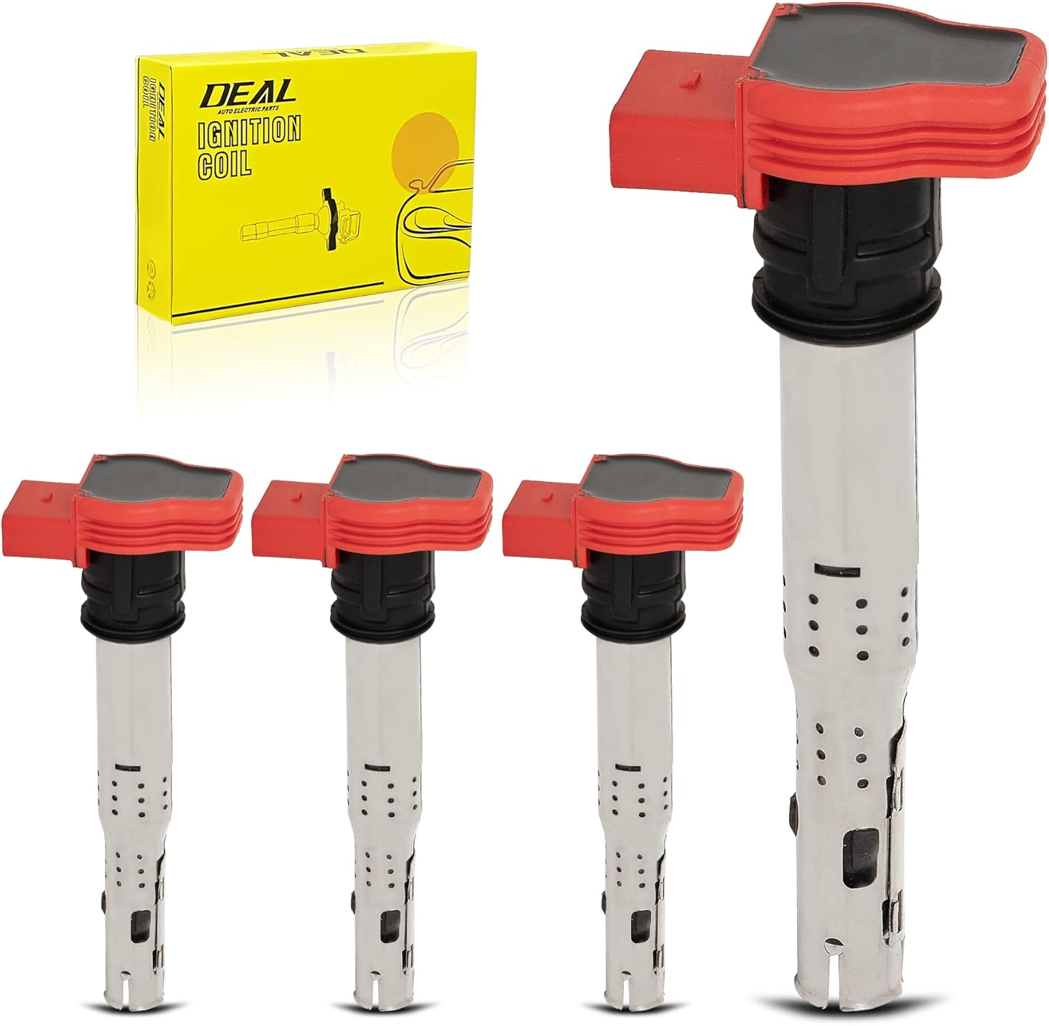 DEAL Ignition Coil Pack, Compatible with Audi & Volkswagen Turbo - A3 A4 A5 A6 Q3 Q5 TT allroad Volkswagen Tiguan Passat Beetle GTI Eos Passat Jetta Golf, Replaces OE UF575, Set of 4