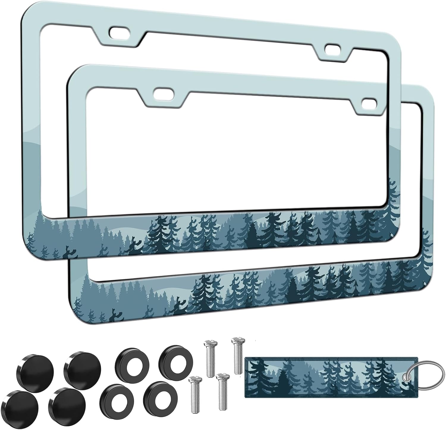 2 marcos de matrícula de bosque de montaña azul para mujer, marcos decorativos de auto de montaña azul para niñas, soporte natural para placa de