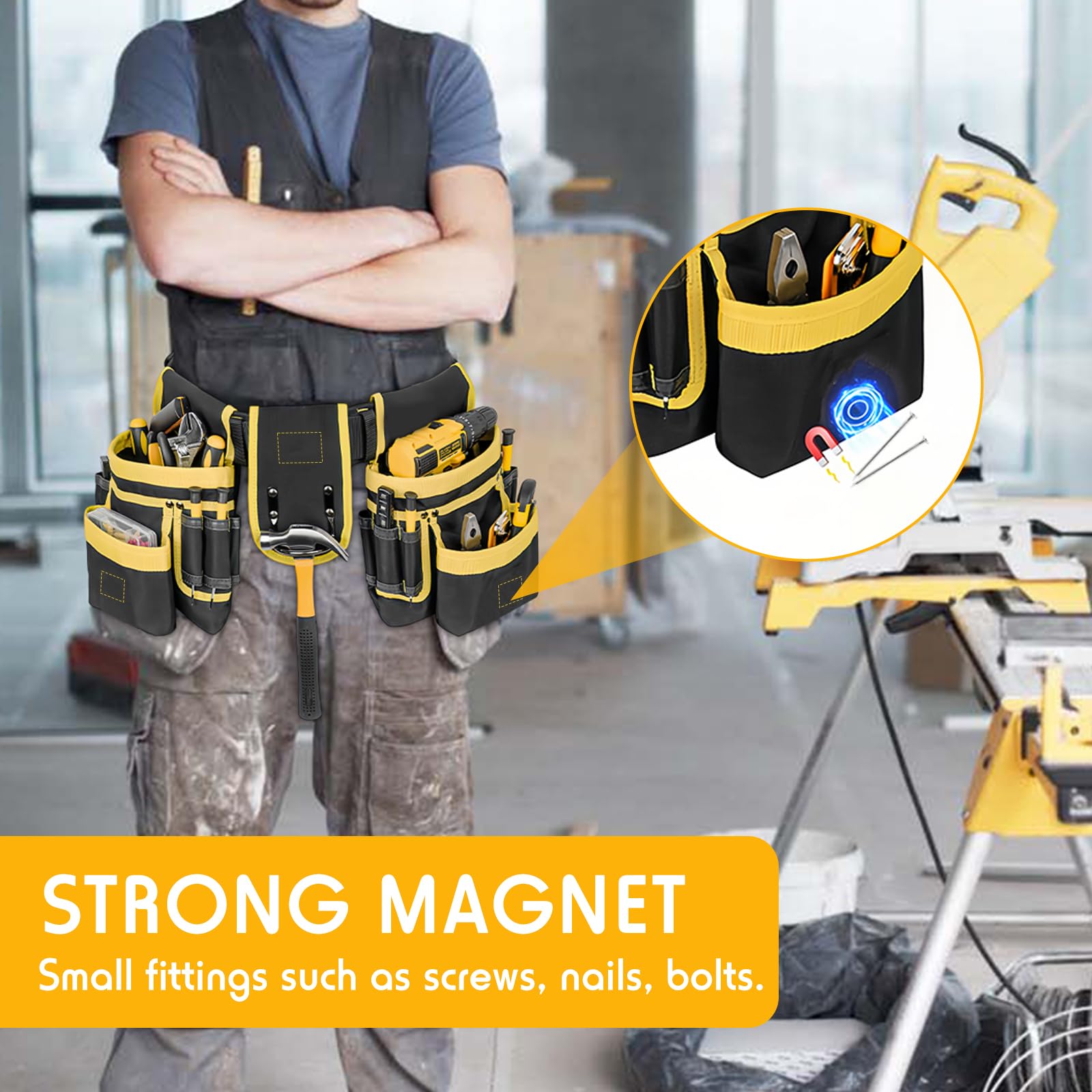 26 Poches Ceinture Porte Outil, Magnétique, Sacoche Outils Bricolage avec Porte Marteau Ceinture Large, Amovible et Réglable, Sac à Outils pour Homme Électricien Charpentier Construction Encadreurs