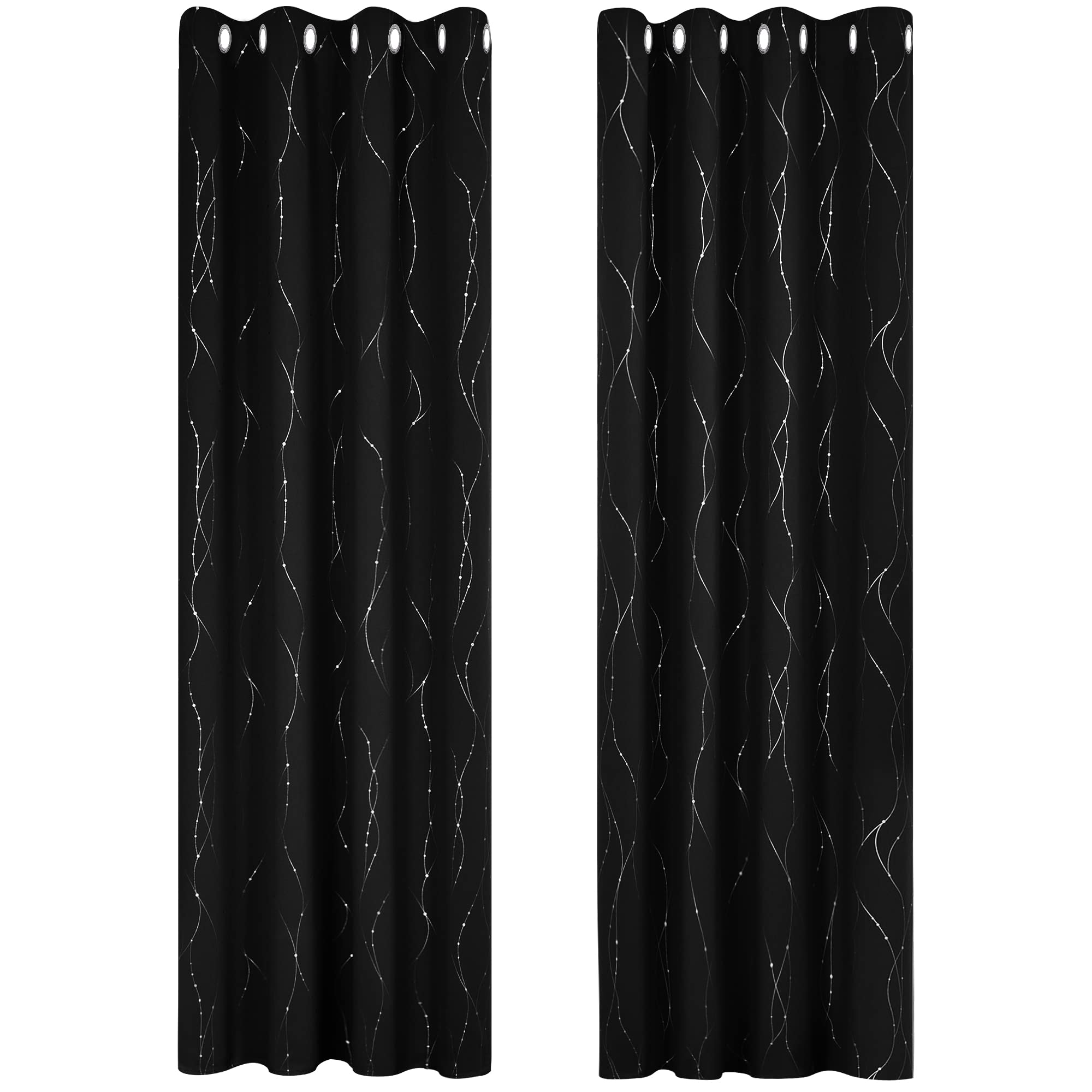 Deconovo Dot LinePatterned Sliver Foil Curtains Home Decorative Curtains Thermal Insulated Eyelets Blackout Curtains for Bedroom 55 x 102 Inch Black Two Panels