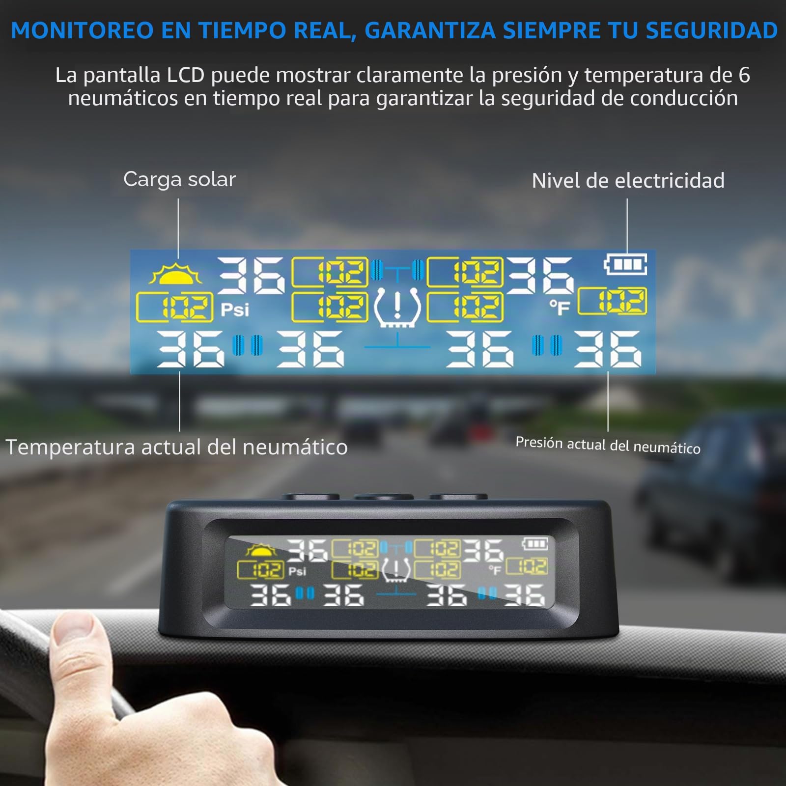 Sistema de control de presión de neumáticos KAOLALI compatible con 6 ruedas, con monitor de presión de neumáticos con pantalla digital, 9,9 bares/144 PSI máx., carga solar y USB, para camiones
