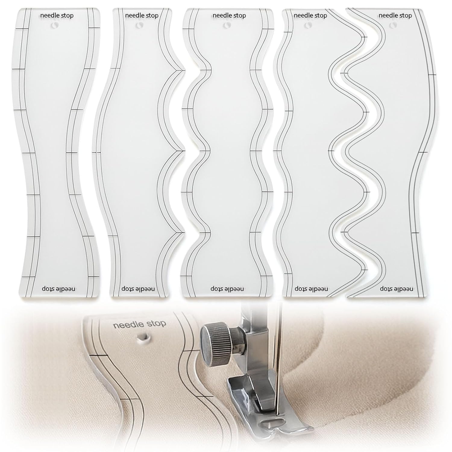 5 Pcs Wave Quilting Ruler Set, 10.2 Inch Acrylic Quilting Templates with 6 Precision Wavelengths, Free Motion Quilting Rulers for Machine Sewing and DIY Textile Art, 0.12 in Thick