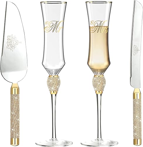 iooiluxry Juego de 4 flautas para tostar de boda y servidores para tartas de novia y novio, copas de champán, juego de corte de pastel de Mr and Mrs