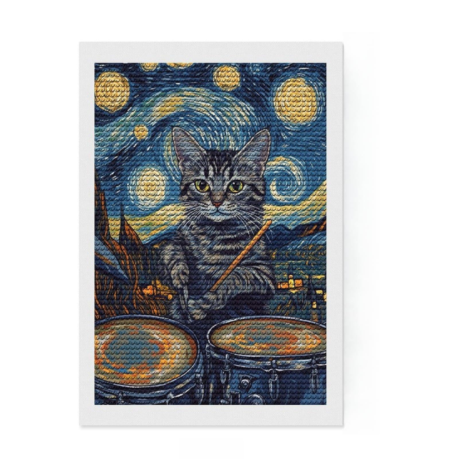 Junmoney Cat Drummer Starry Night Diamond Painting Kit 8"x12", for Family Craft Time, Boho Decor, Calming Craft to Unwind, Birthday Gift