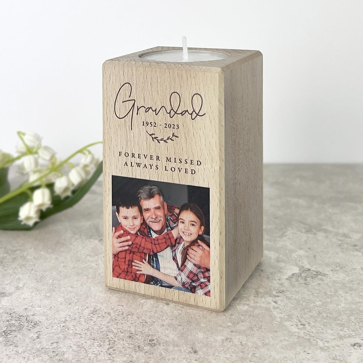 Portacandele Commemorativo In Legno Di Faggio Personalizzato – Ricordo Per Perdita Con Nome E Date, 5,5x5,5x10 Cm, Regalo Affetto