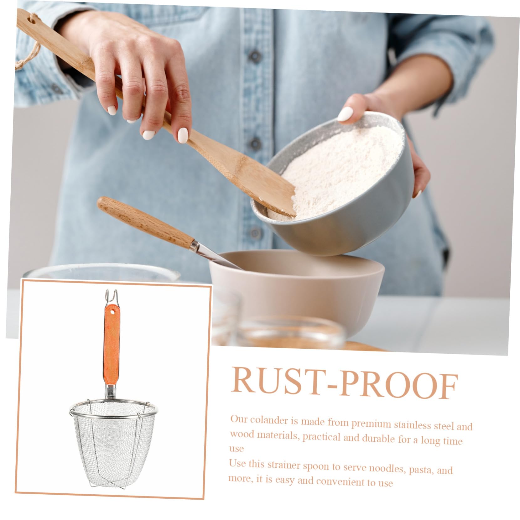 LABRIMP Colador de Acero Inoxidable para Fideos y Pasta con Mango de Madera de 14 Cm, Cesta Escurridora Resistente y Ligera, Utensilio de Cocina Adecuado para Cocción y Escurrido, Juego