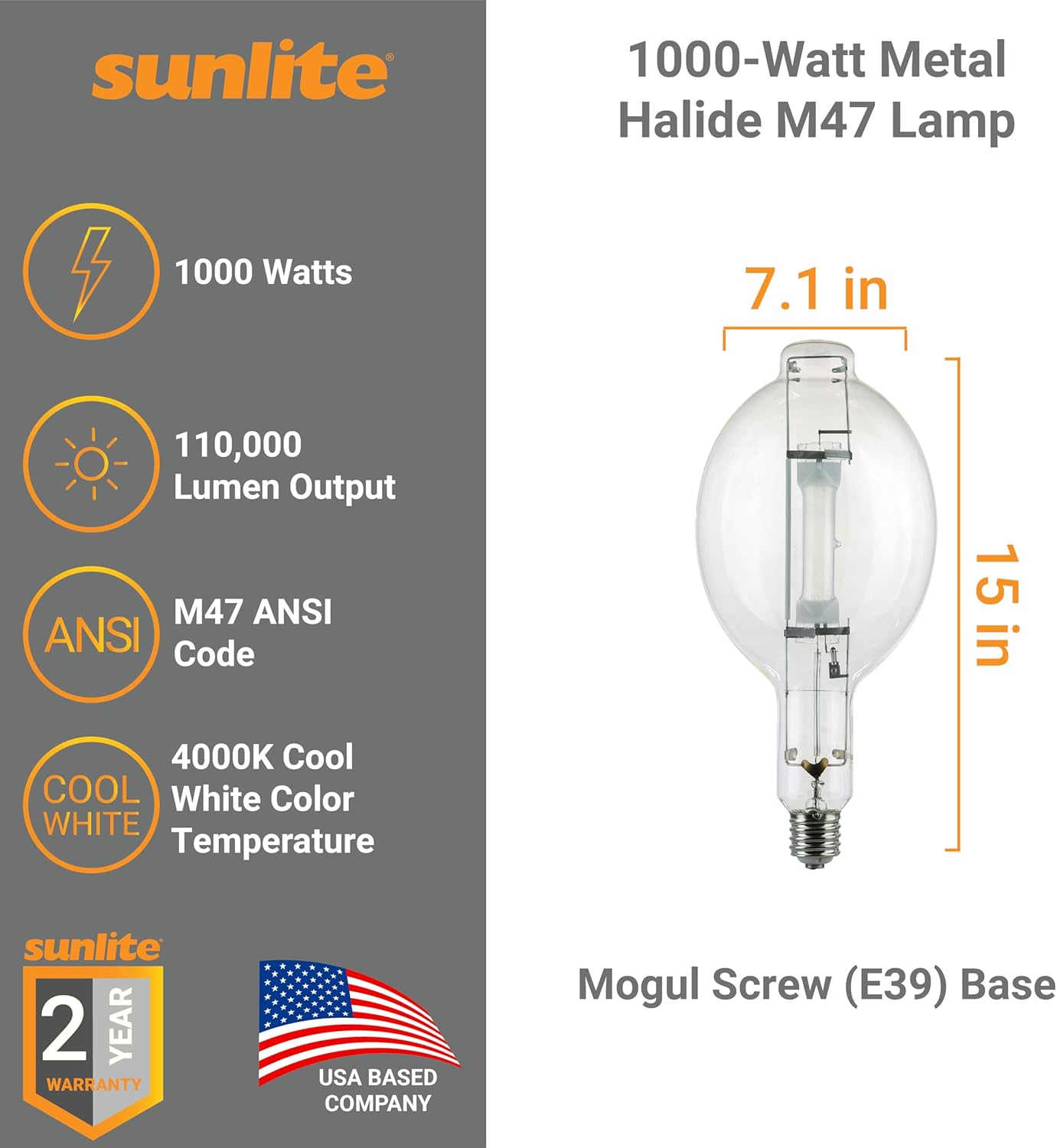 Sunlite MH1000/U/BT56 M47/S Metal Halide Lamp, 1000 Watts, Mogul Screw Base (E39), BT56, 12,000 Hours Life, 110,000 Lumen, Clear Finish, 4000K Cool White, 3 Pack