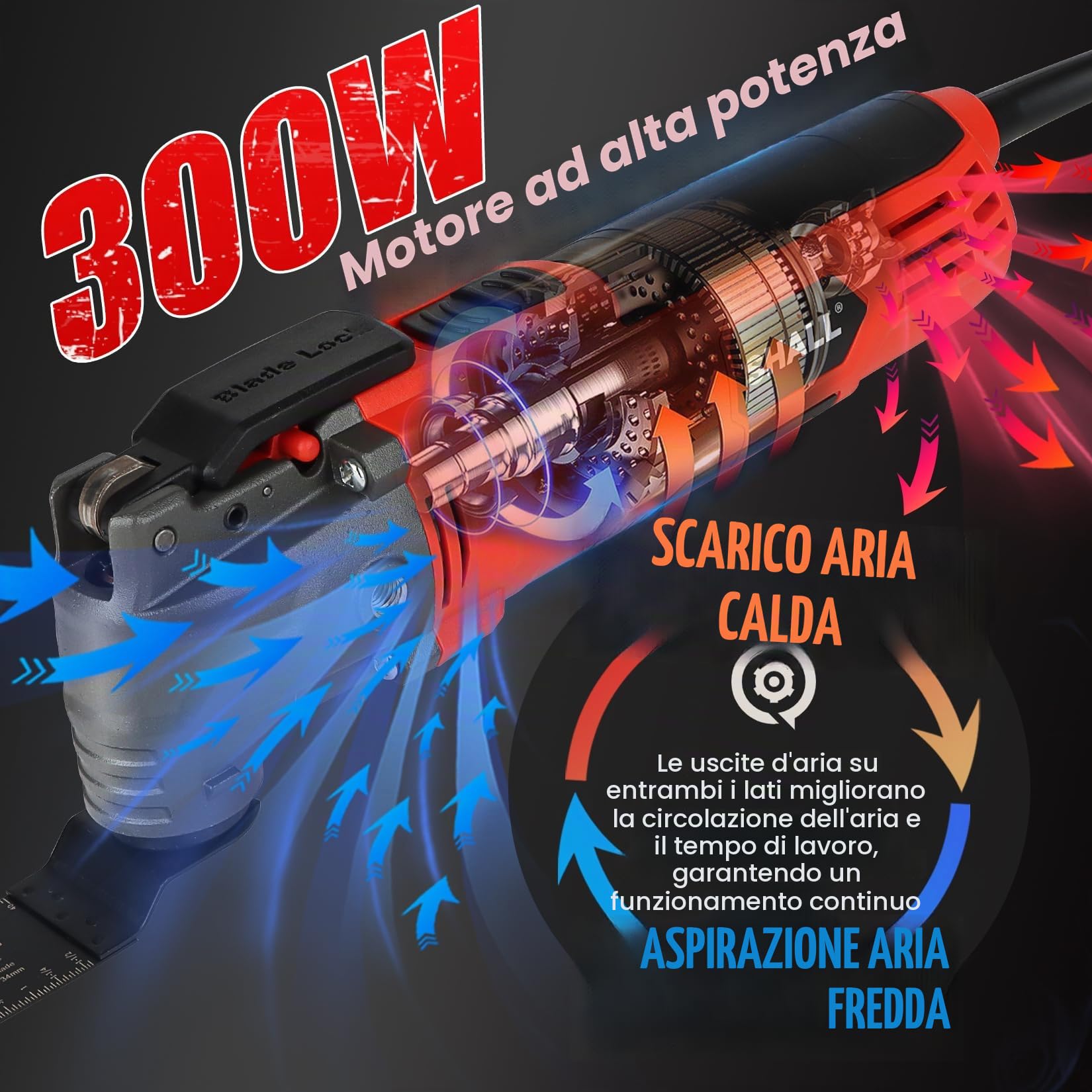SHALL Utensile oscillante, kit multiutensile oscillante da 300 W con angolo di oscillazione di 3°, 6 velocità variabili, impugnatura ausiliaria, 40 accessori per sega