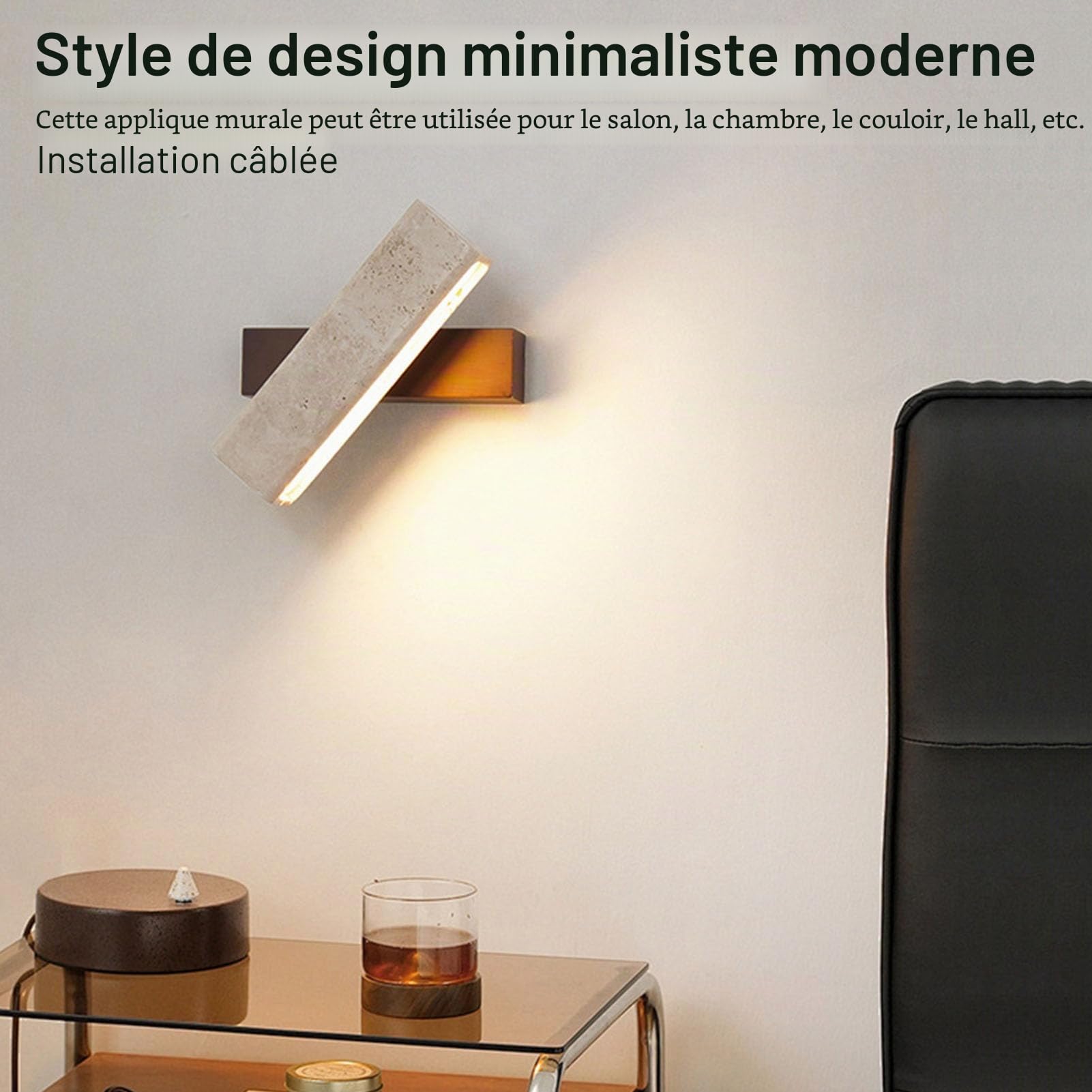 VBESTLIFE Appliques Murales LED pour Chambre, éclairage Chaud 3000k, Lampe Murale en Travertin en Chêne à 180 ° pour le Coucher du Salon (Couleur Noyer)