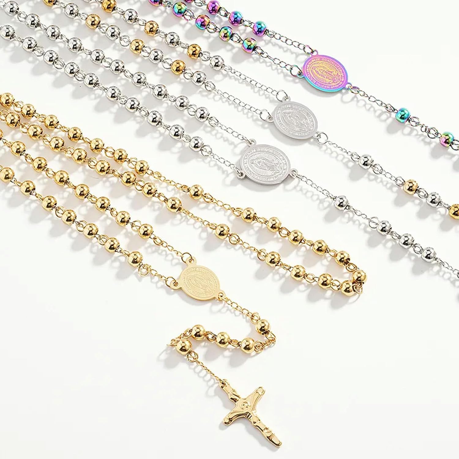 ステンレススチール 6MMビーズ クラシックマリア祈りビーズネックレス 14K 18Kゴールドメッキロザリオネックレス シルバーセー