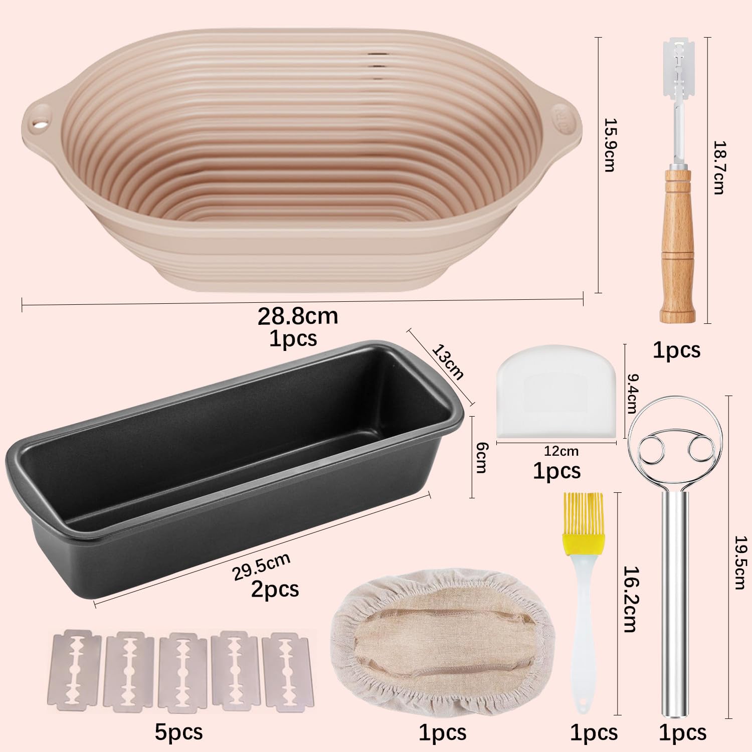 8 Pièces Moule à Pain,Moule Pain de Mie,Moules a Cake,Kit Patisserie,Corbeille a Pains,Banneton pour Pains,Moules Brioche,Accessoires de Cuisine Compris Baguette à MéLanger Brosse et Toile
