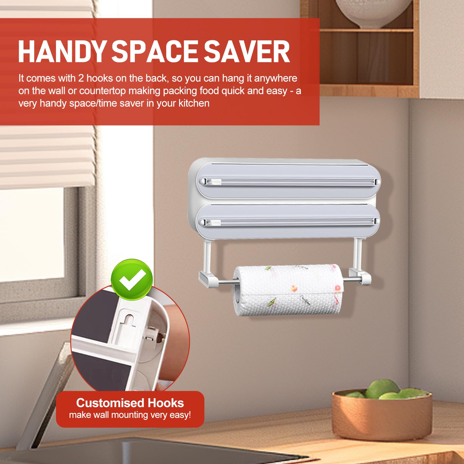 Organizador 3 en 1 con cortador, incluye 2 rollos de papel de plástico y dispensador de papel de aluminio, soporte magnético para toallas de papel para nevera, solución de almacenamiento de papel de