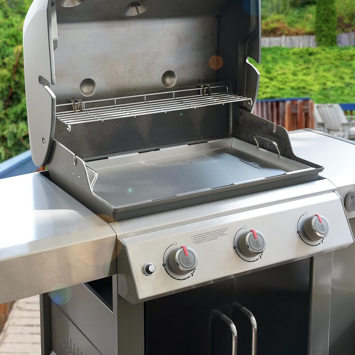 onlyfire Flat Top Piastra per Barbecue in Acciaio Inossidabile per Griglie a Gas Weber Genesis II & II LX 300 Series, Plancha con Sistema di Grasso e Maniglia Staccabile, 66 × 47 × 3,8 cm