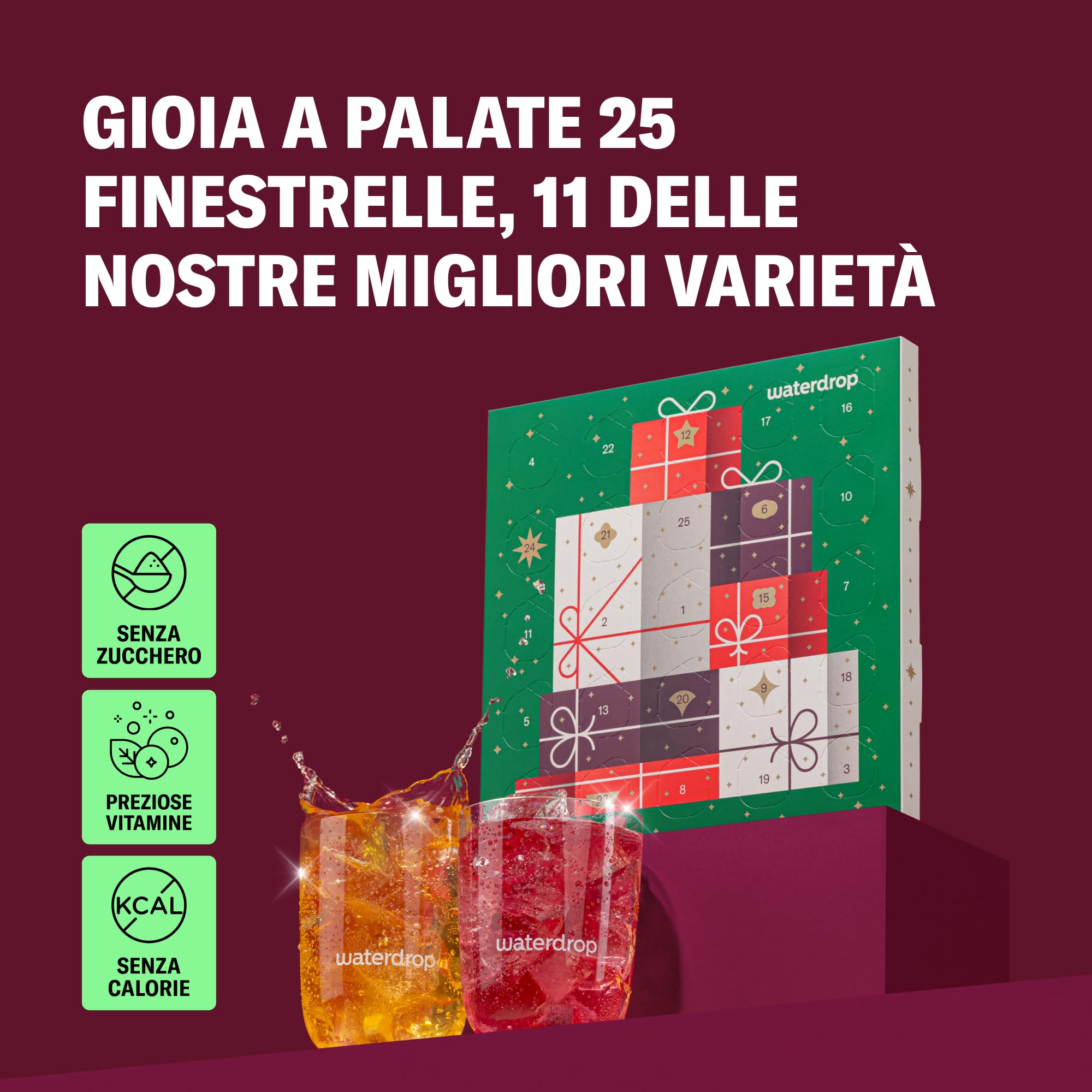 waterdrop® Calendario dell’Avvento 2025 – Mistery Box con 25 Sorprese Esclusive, Cubetti Aromatizzati per AcquaCalendario Avvento Unisex con Regali Donna Uomo, Idee Regalo di Natale,Buono Regalo