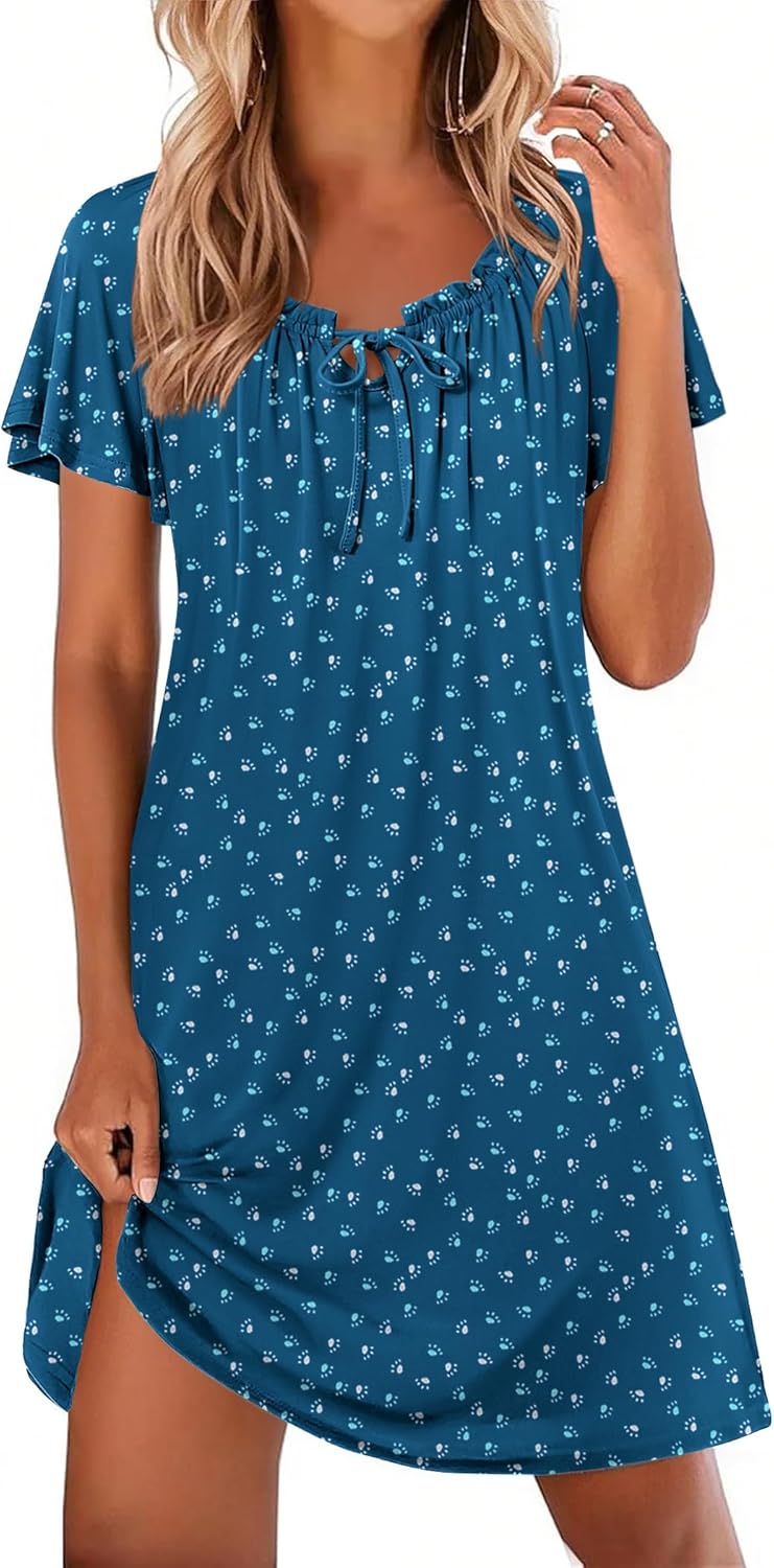 Ekouaer Nightgowns for Women Pleated Sleep Shirts Short Sleeve Night Shirts Comfy Ladies Sleepdress