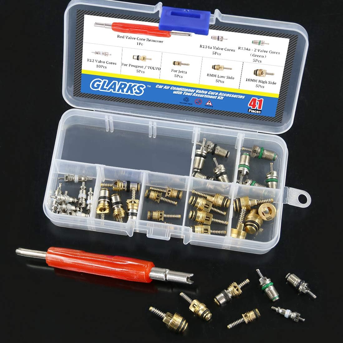 Glarks 41Pcs Schrader Car A/C Valve Core Kit - R12 R134a - Aluminium & Brass & Plastic - Blue Remover Tool - 7.6cm
