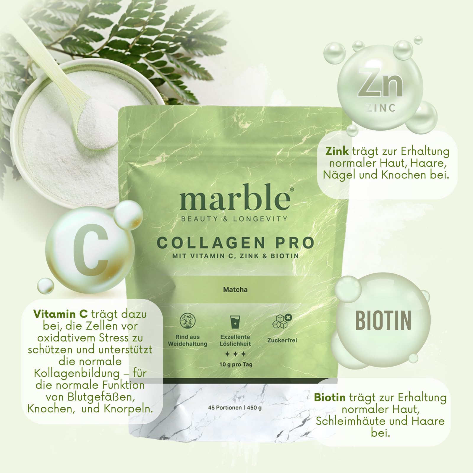 marble Collagene Polvere PRO 450 g – Collagene Polvere più Vitamina C, Zinco & Biotina – Collagene Peptide Skin Glow – 60 giorni senza rischi – Da salice con perfetta solubilità – Matcha