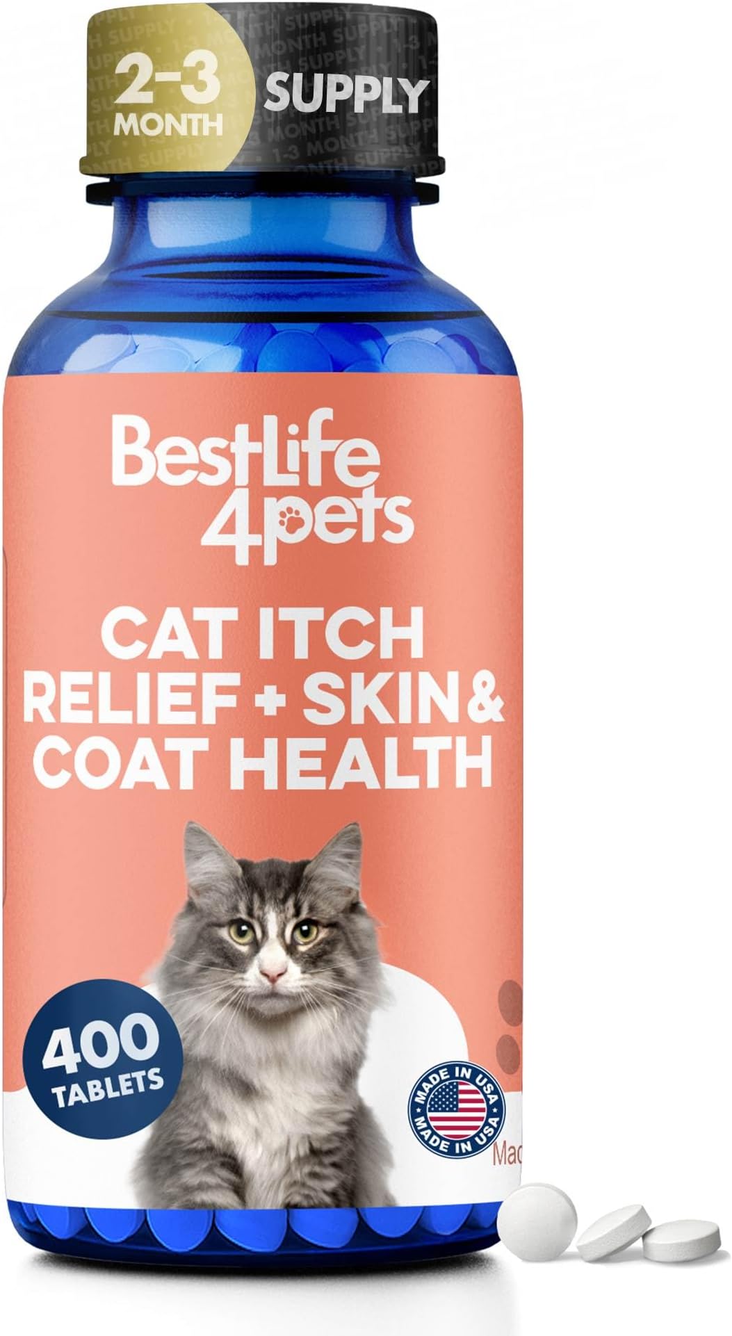 BestLife4Pets All-Natural Healthy Skin and Allergy Relief for Cats - Allergy Medicine for Cats; Cat Allergy Medication; Cat Itchy Skin Treatment - Strengthen Immune System - Easy to Use Pills