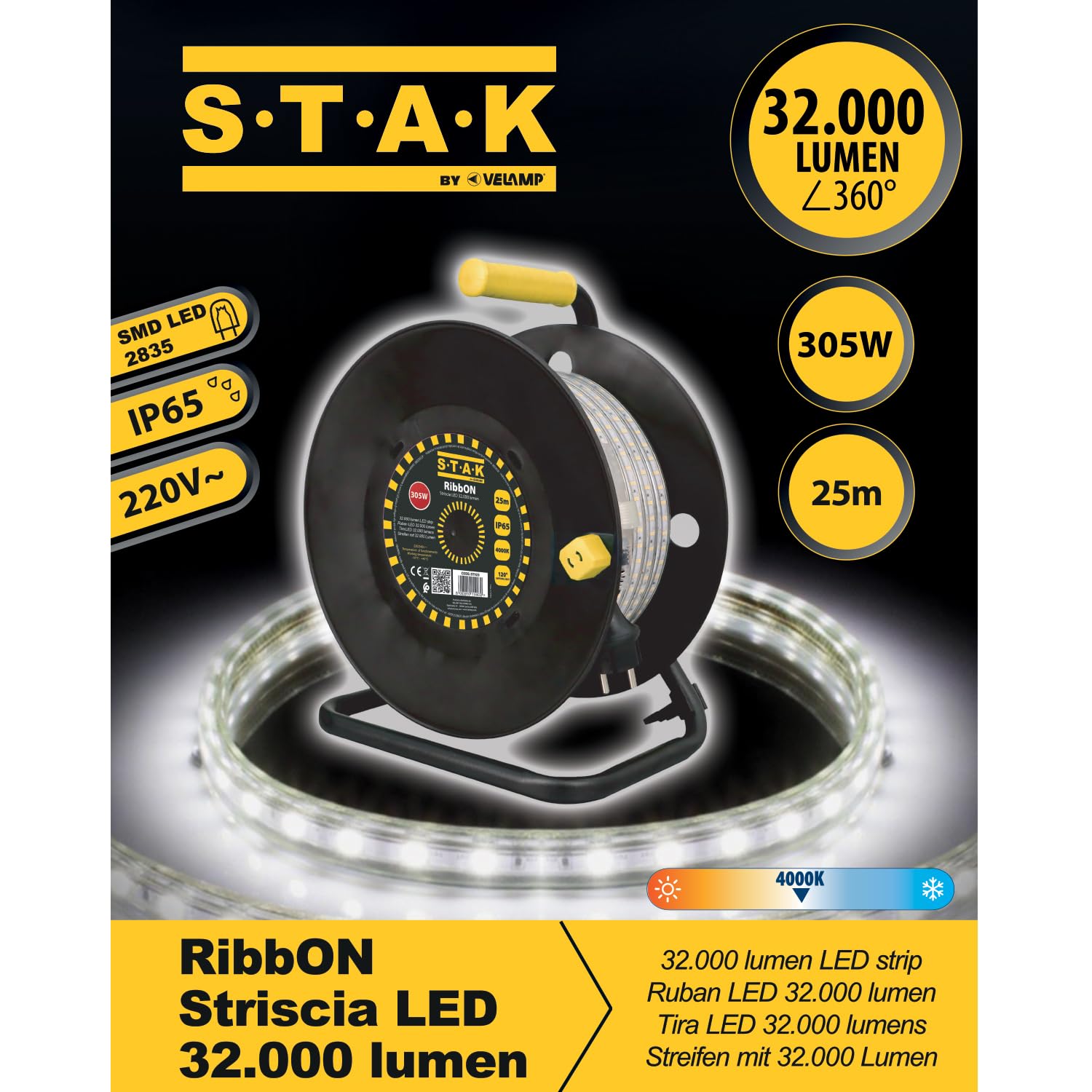 STAK RibbON Striscia LED 25 Metri con Avvolgitore – 32.000 Lumen, 4000K Luce Naturale, IP65, Flessibile e Impermeabile per Uso Professionale in Cantiere e Esterni
