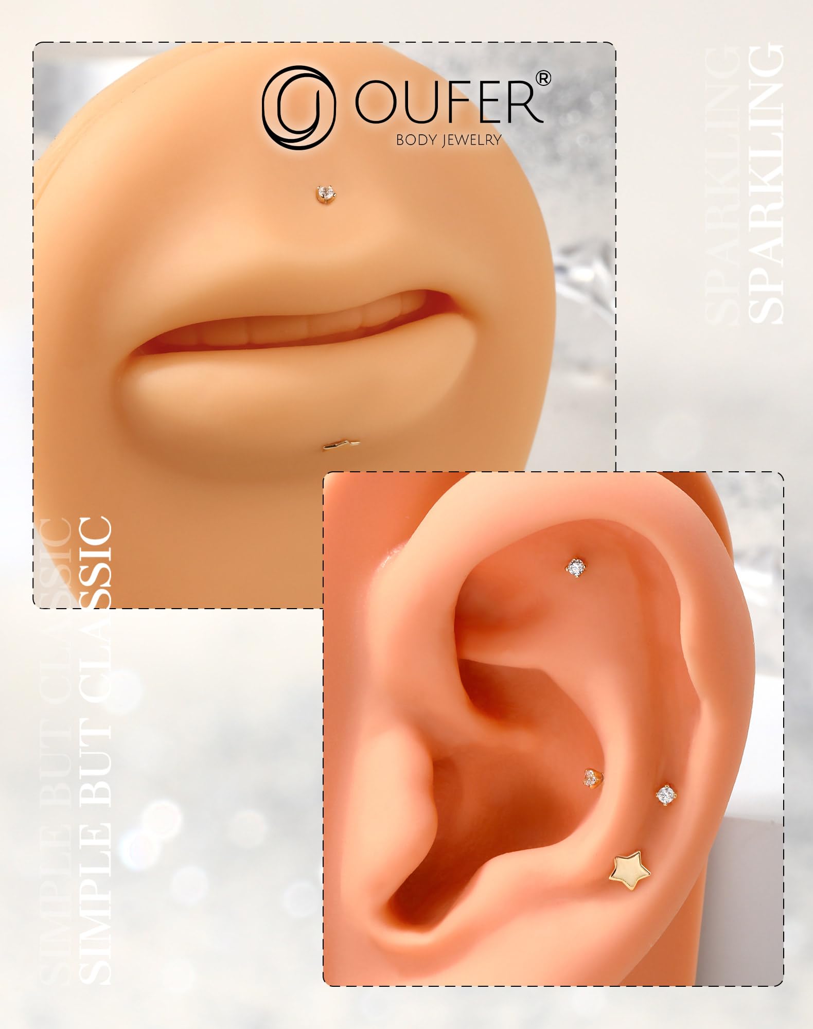 OUFER Body Piercing Tragus Piercing Jewellery 14K Gold Helix Earrings 16G Push In Labret Earring Stud Bar Clear CZ Theadless Conch Lobe Cartilage Earring Piercing Jewellery