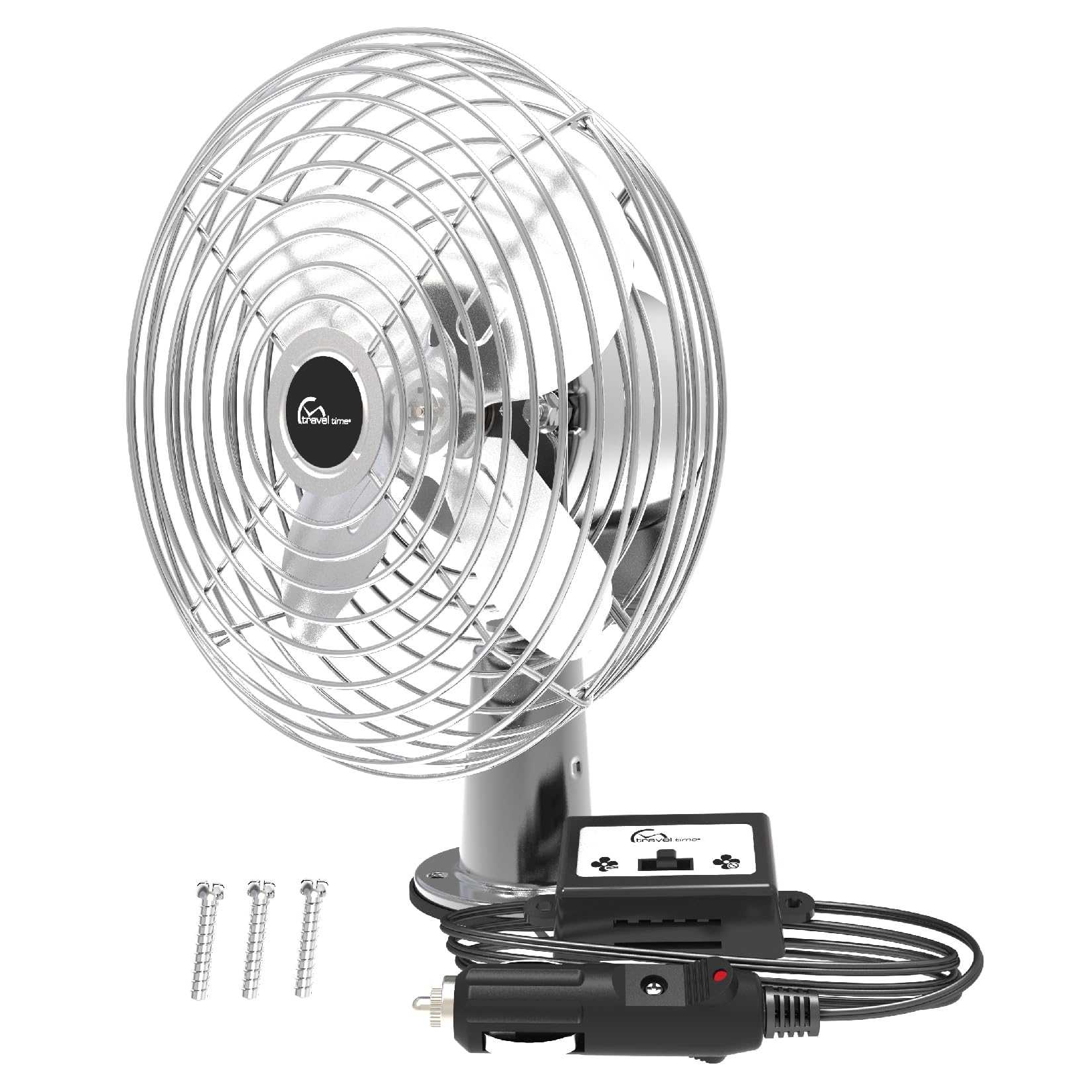 Travel Time 12V Deluxe 2-Speed Fan, Chrome - Universal for Most Vehicles, Dual-Speed Control, Cooling, Portable for Cars & Trucks