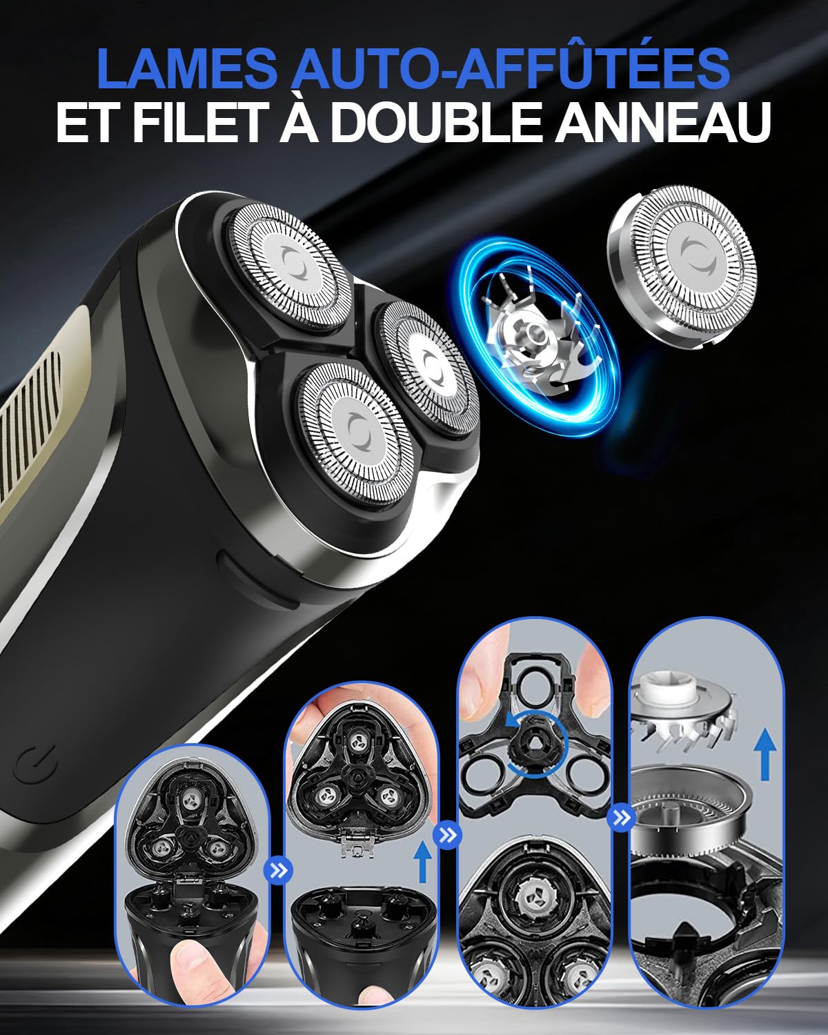 Rasoir Électrique Homme Rechargeable 4D avec Écran LED, IPX7 Rasoir Homme Étanche Humide & Sec, Rasoir Rotatif Sans Fil, Tondeuse Barbe avec Tondeuse Rétractable et Verrouillage Voyage(Noir)