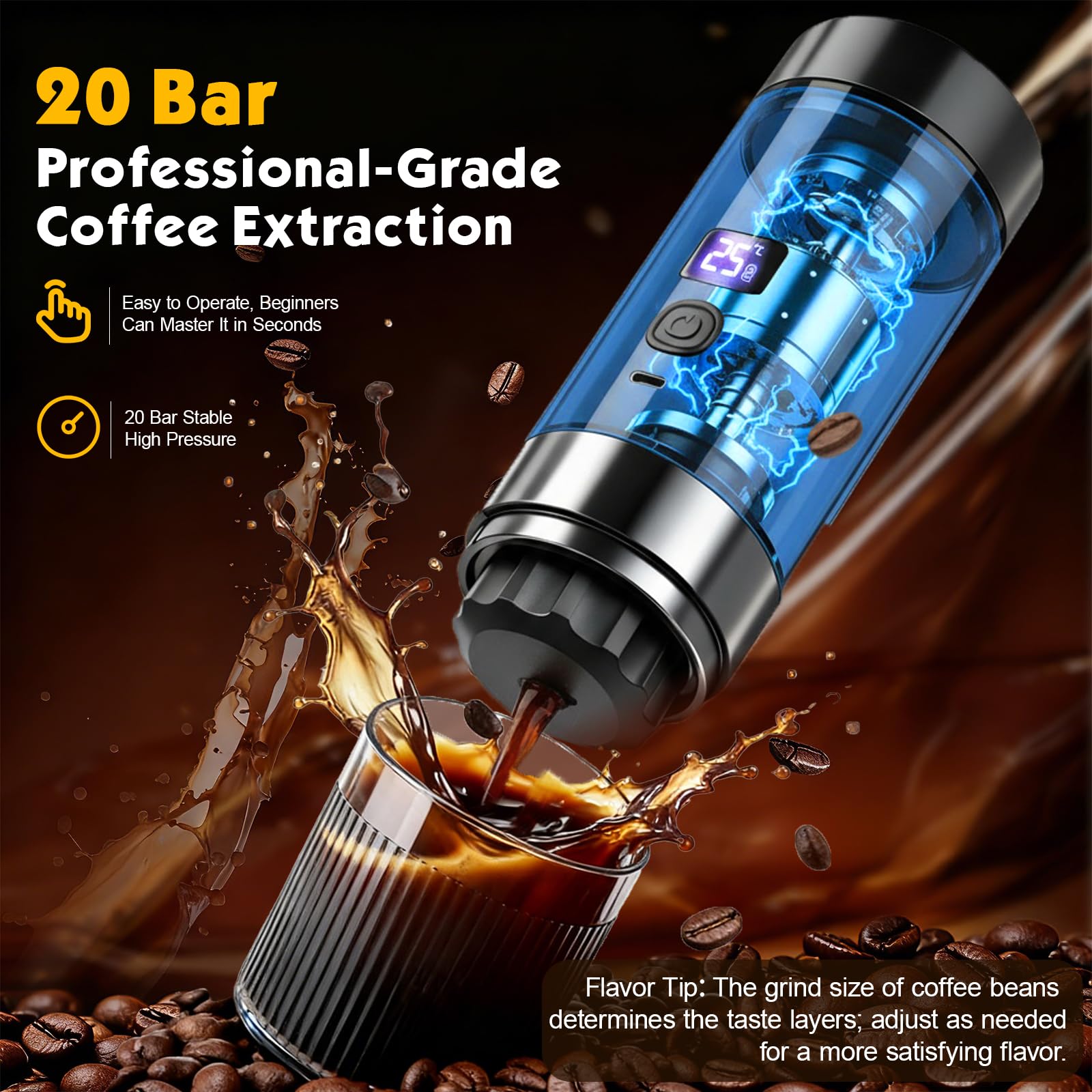 Macchina per caffè espresso portatile 3 in 1 con batteria – 20 bar, estrazione fredda/calda, compatibile con capsule e caffè macinato, 7800 mAh USB-C, mini macchina da caffè per campeggio, auto - 5