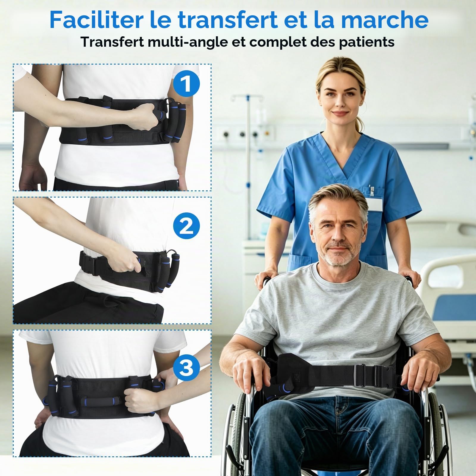 Ceinture de gait avec poignées, ceinture de transfert pour personnes âgées, ceintures de guise pour patients, ceintures de guêtre pour personnes âgées, poignées en caoutchouc