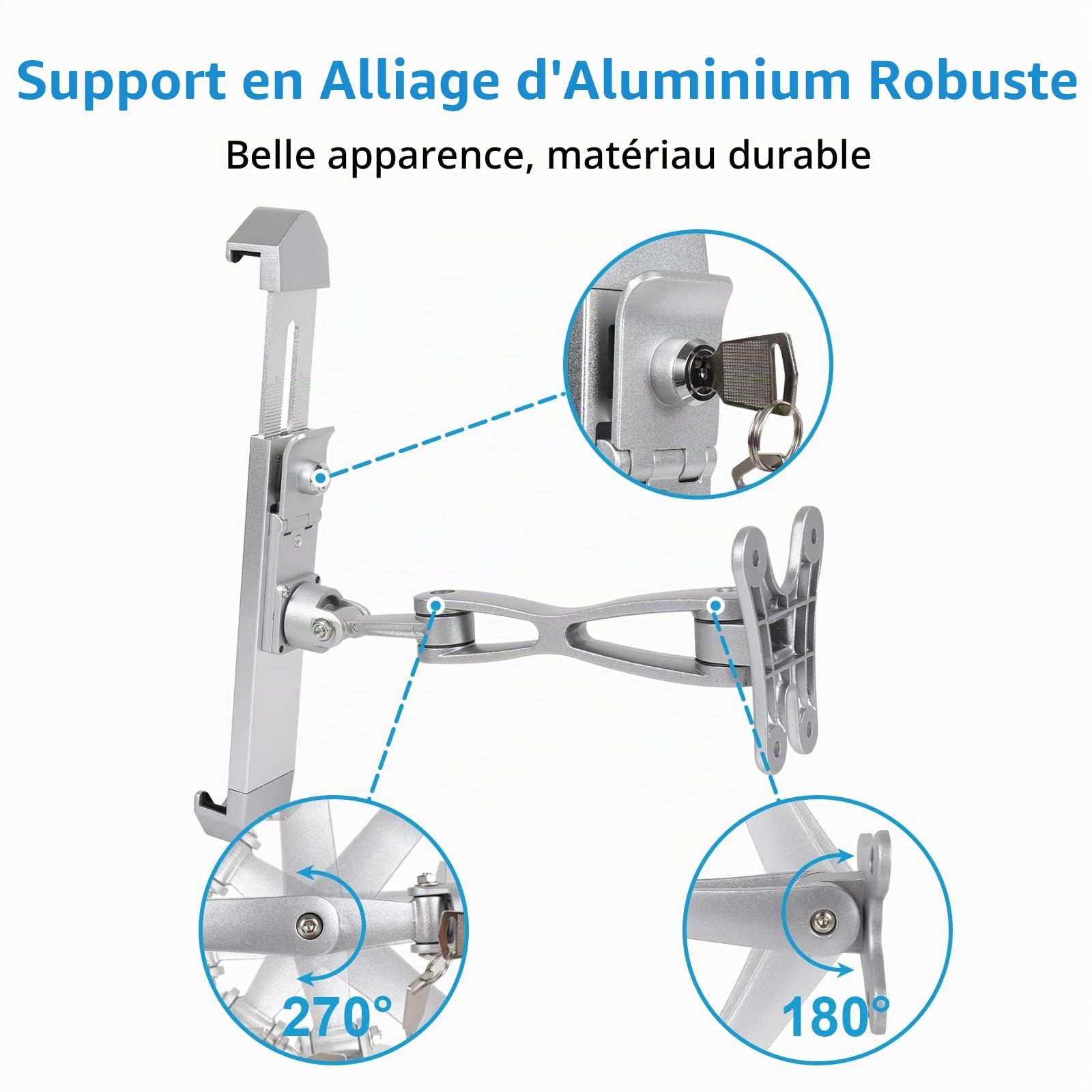 Oilcan Support Tablette Antivol Mural, Support Mural Tablette Verrouillable | pour Kiosk Caisse Comptoir, avec Verrou et Cle, Bras Réglable en Aluminium, pour iPad Pro Air, Galaxy Tab, Surface Pro, 9-14"
